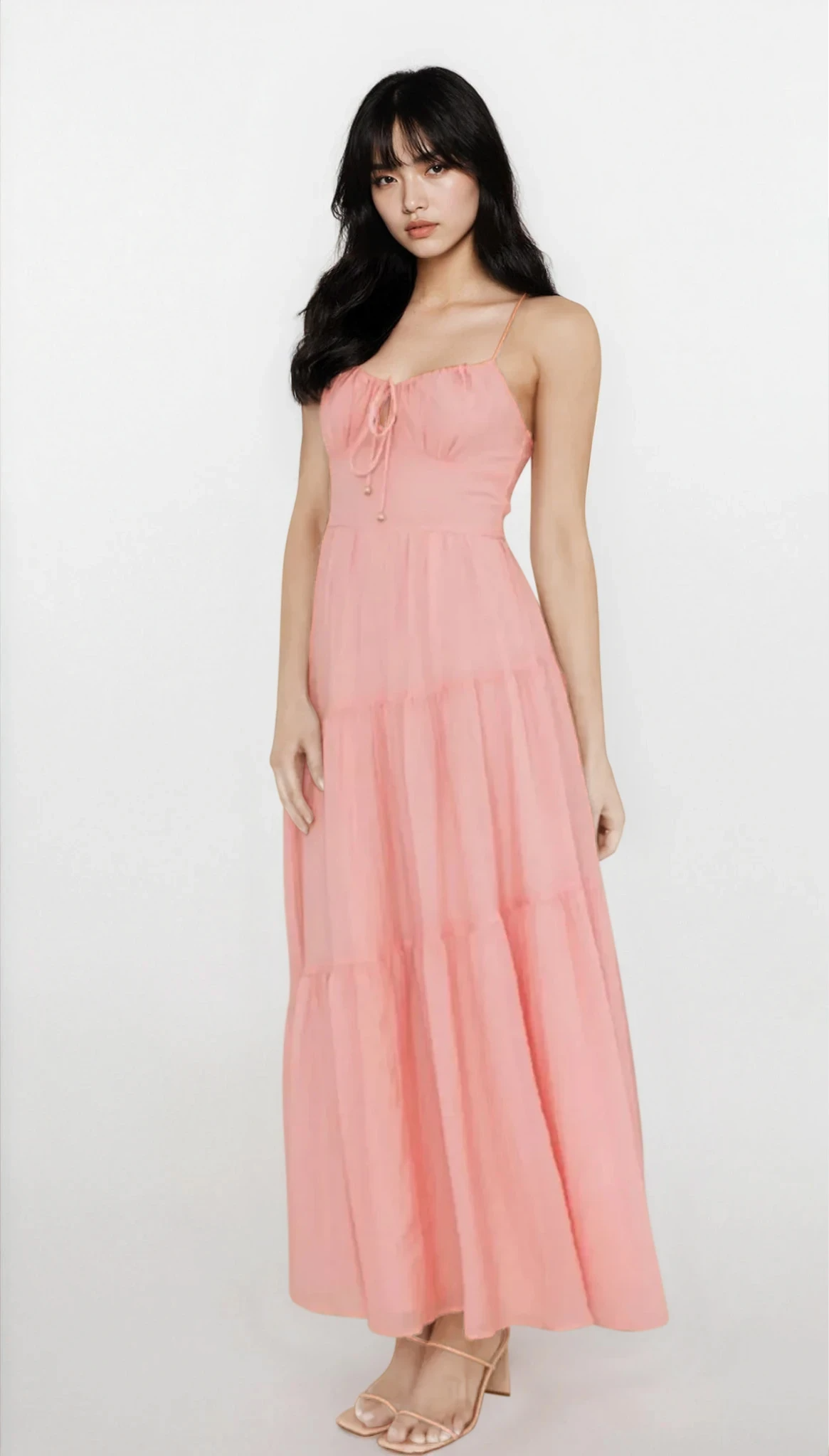Selene Ruched Smocked Back Cami Maxi Dress by Trendsi, light-colored fabric with ruched details and adjustable straps, sleeveless summer style