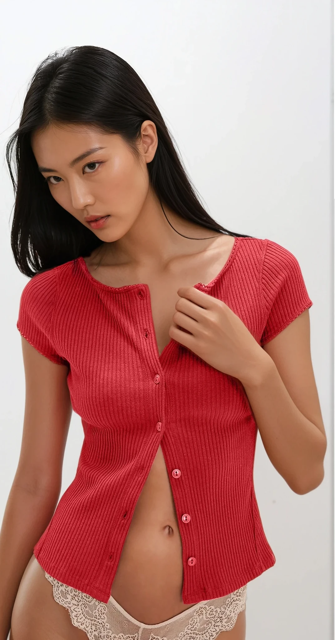 Ribbed Round Neck Button Up Short Sleeve