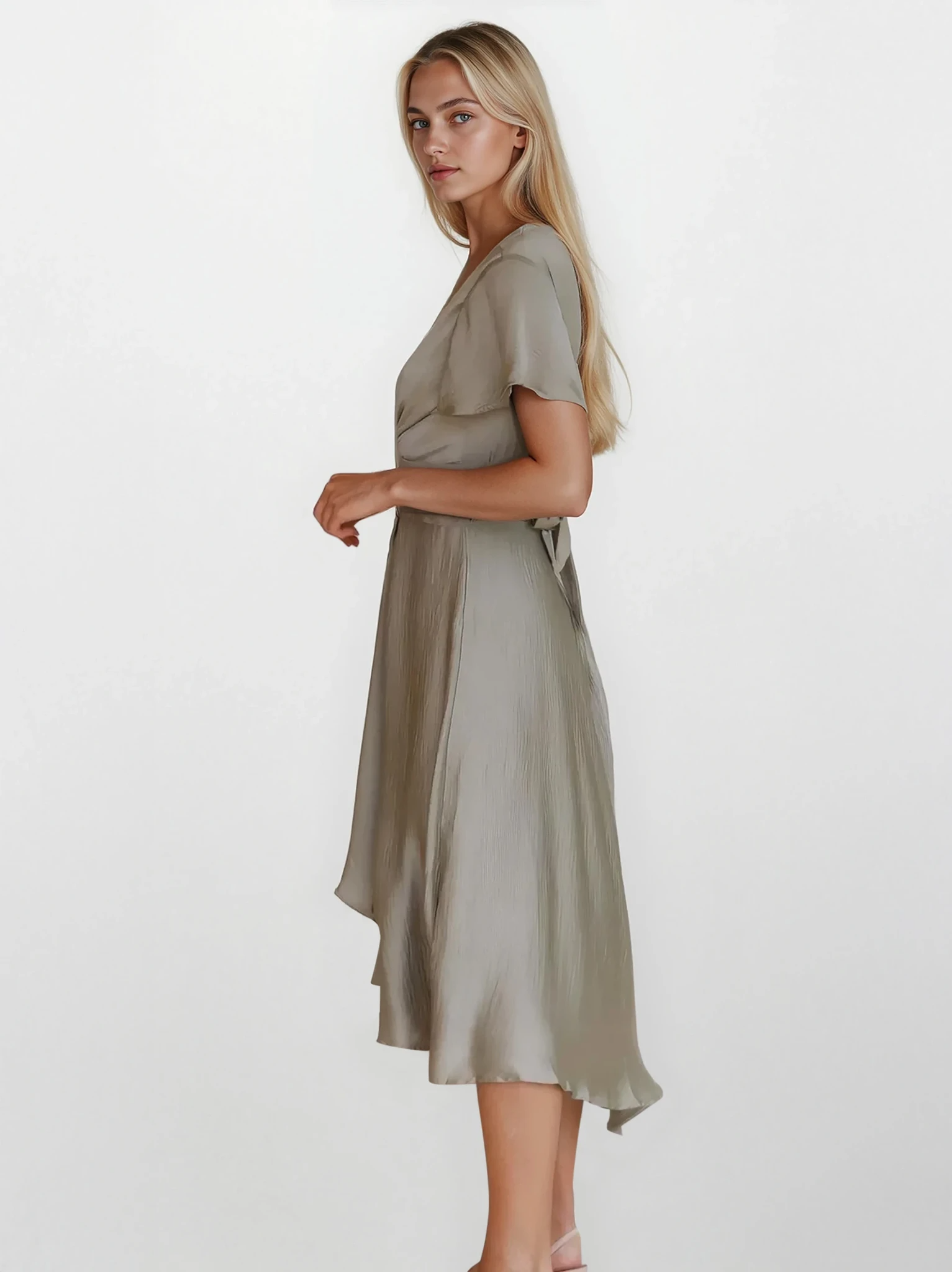 Evolve V-neck high-low flutter sleeve dress by Trendsi, light fabric with elegant V-neck and flowing high-low hem.