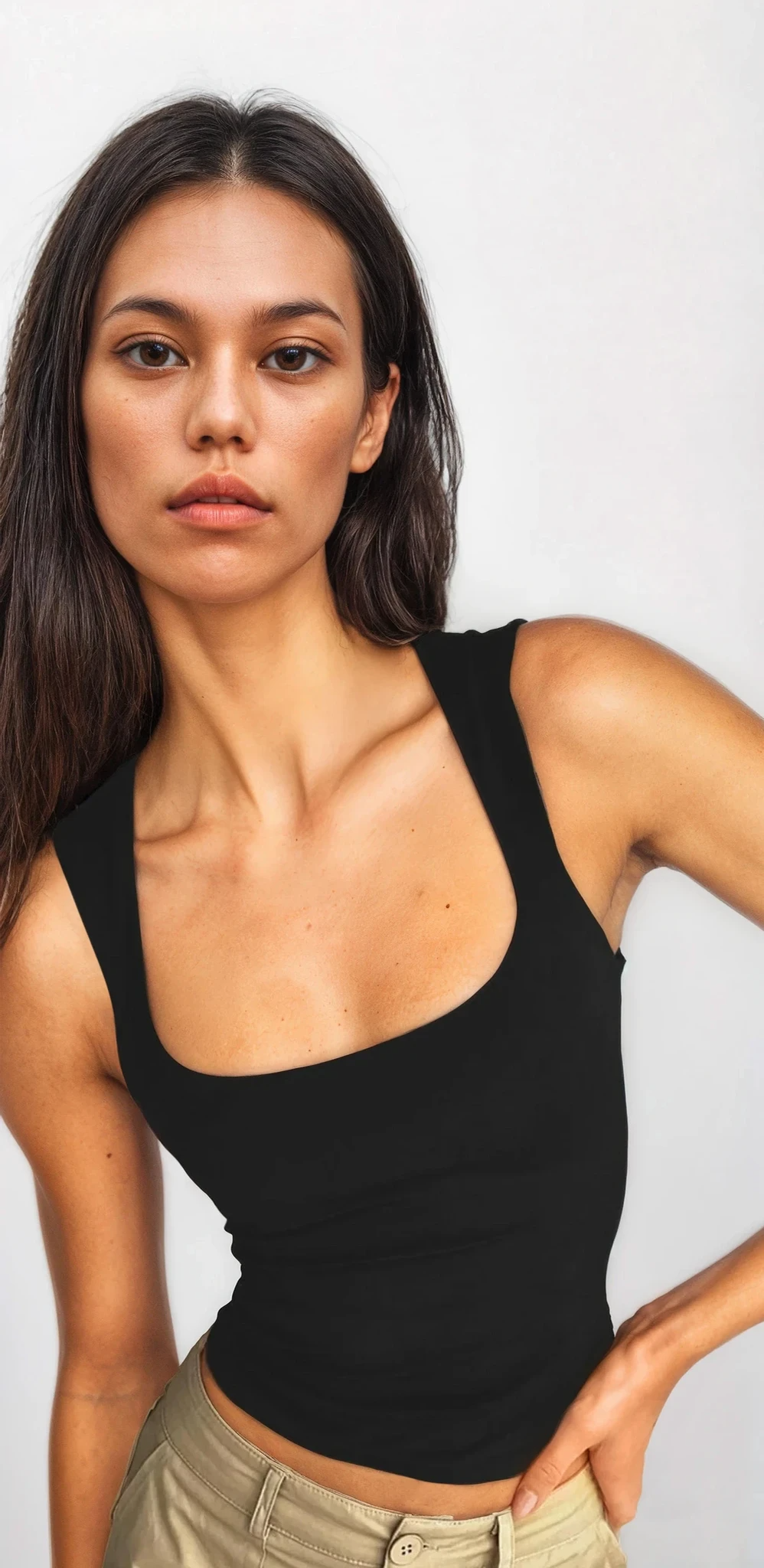 Light blue Max Luca square neck wide strap tank top from Trendsi, showcasing its stylish neckline and comfortable fit.