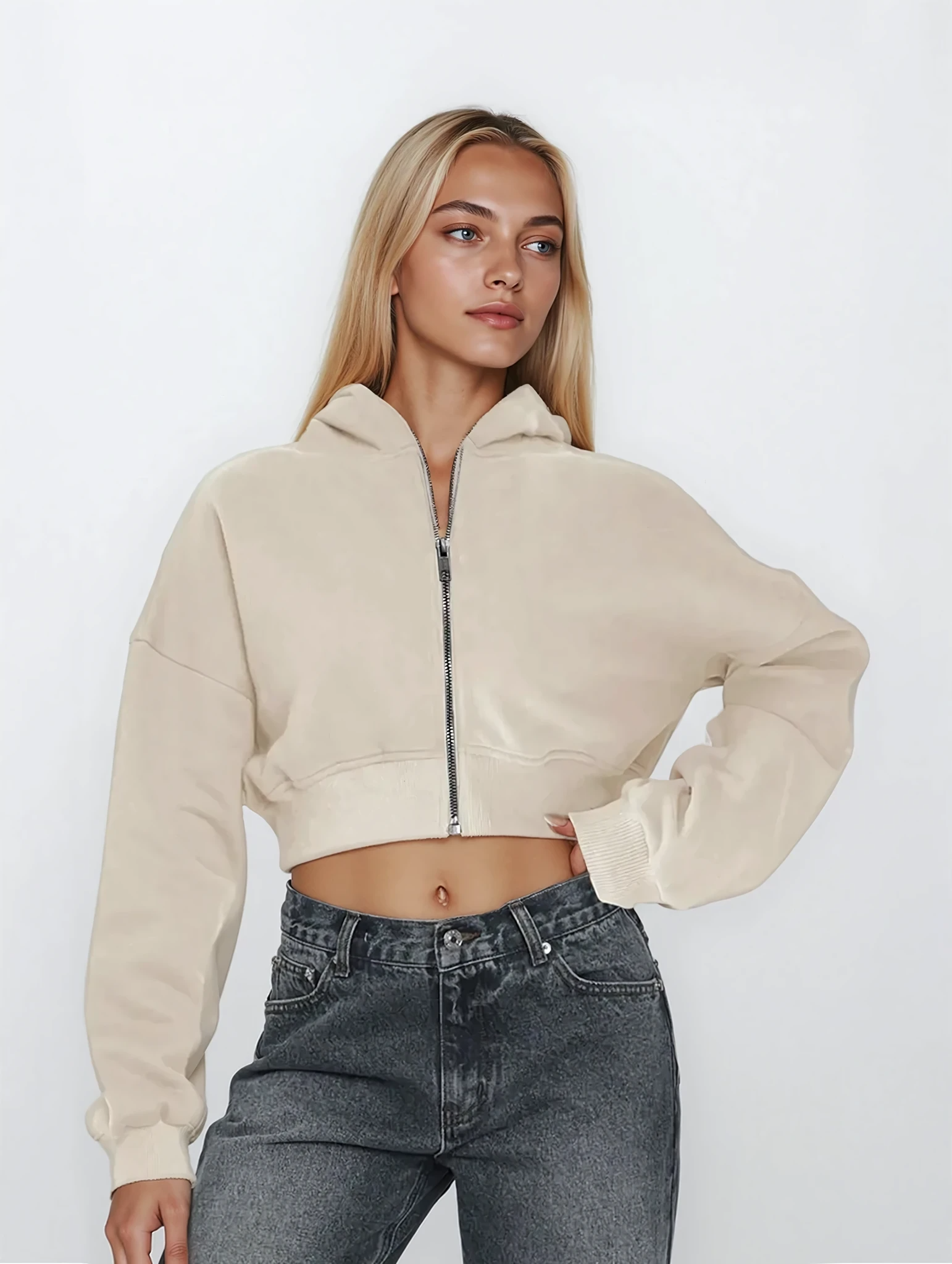 Light gray Downtown Full Zip Cropped Hoodie by Trendsi, featuring a front zipper, cropped fit, and casual style.