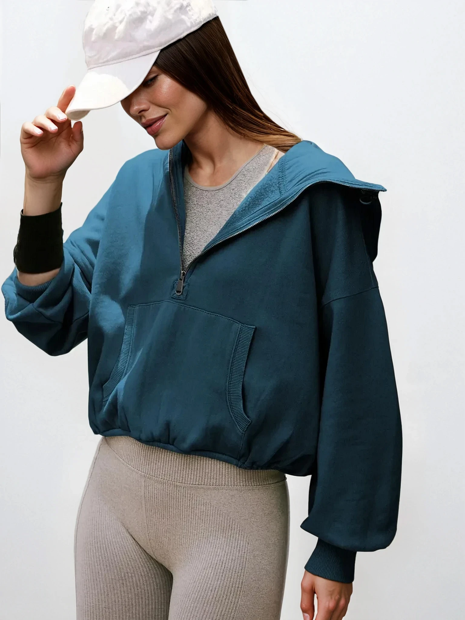 Pure Form half zip dropped shoulder hoodie by Trendsi, shown in light gray fabric with a relaxed fit and casual style.