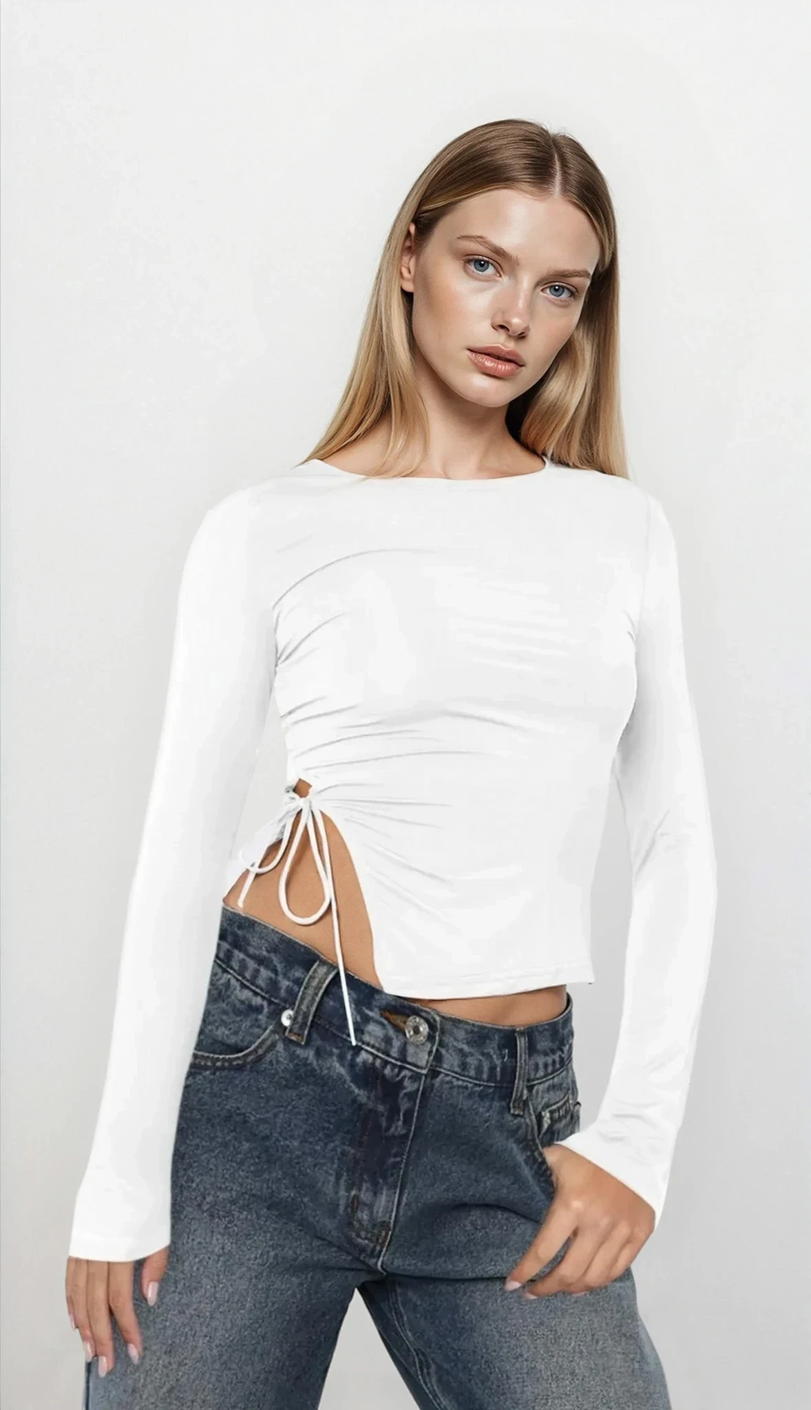 Light beige tied slit round neck long sleeve top from Trendsi, featuring a relaxed fit and stylish design.