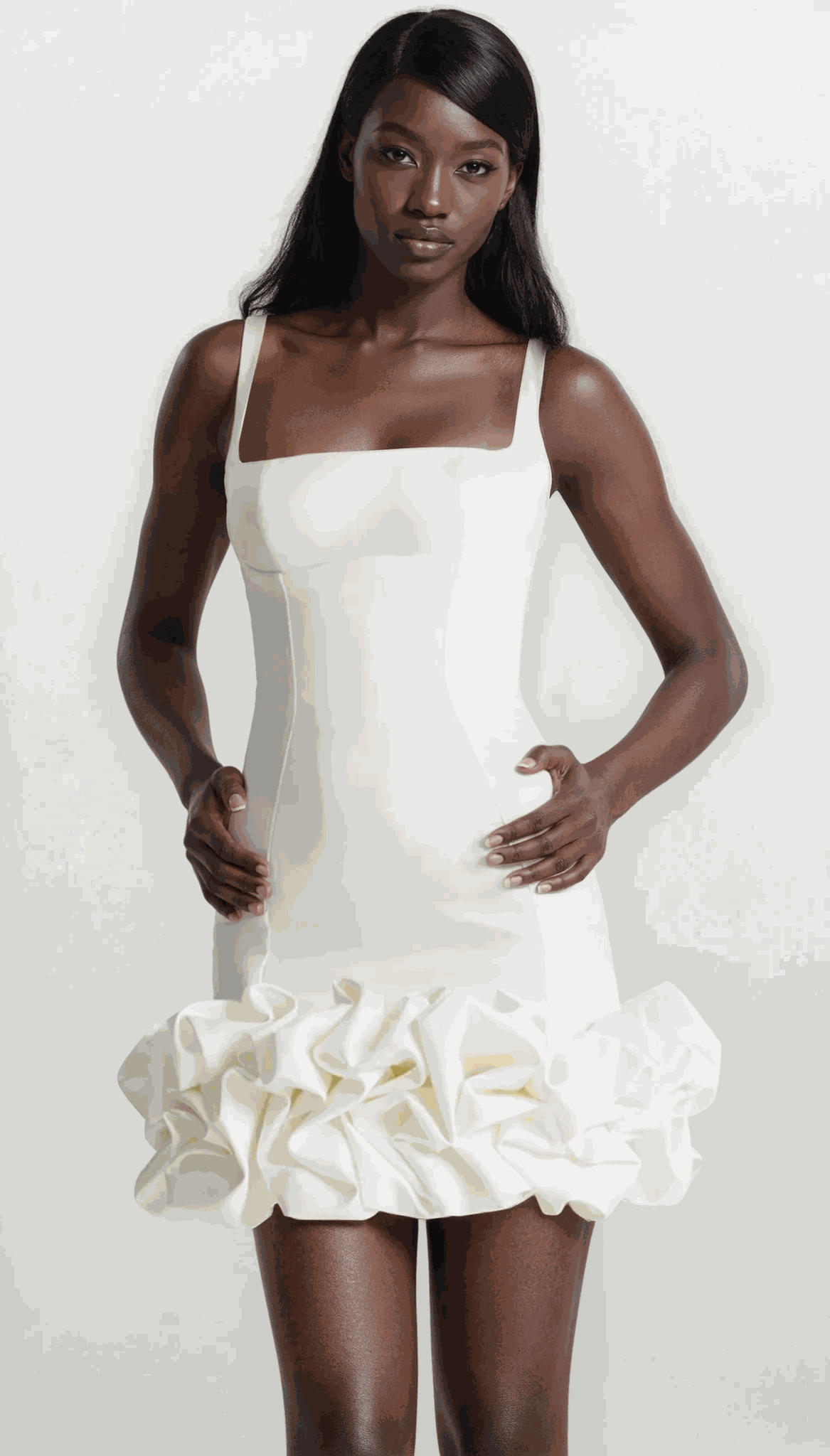 capri square neck mini dress with ruching and sleeveless design