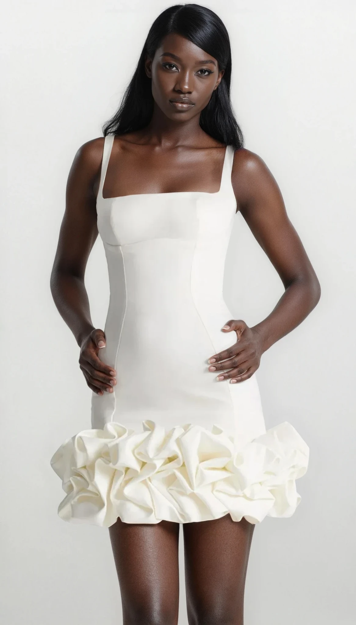 capri square neck mini dress with ruching and sleeveless design