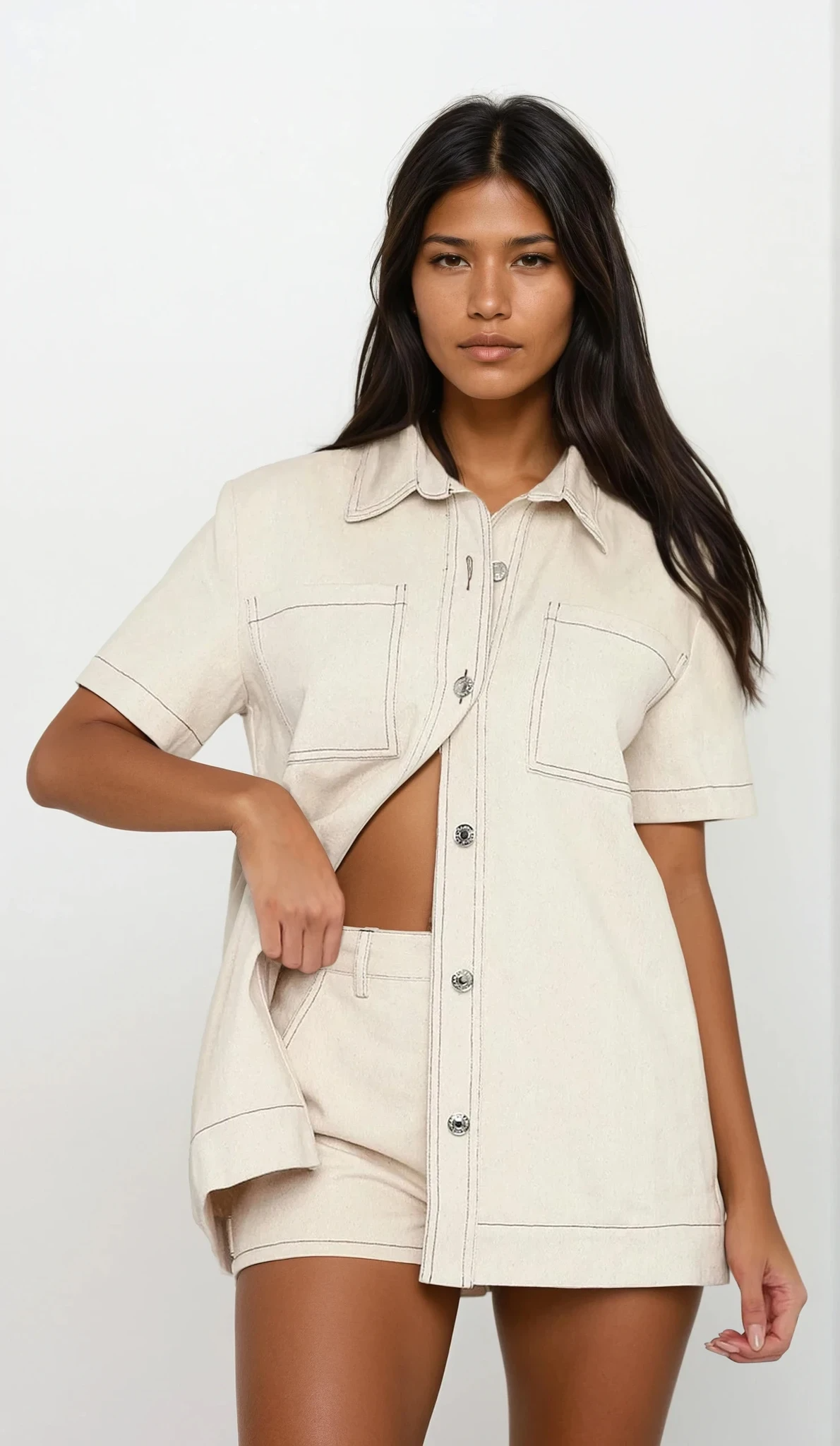 Cargo Button-Up Top and Shorts Set with pockets