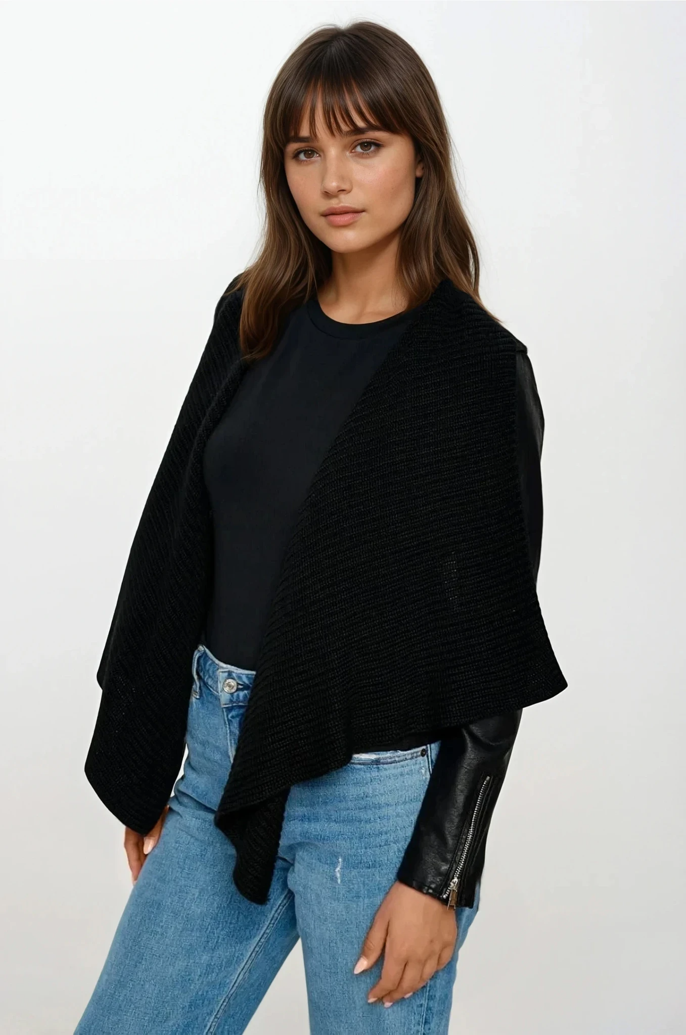 Faux Leather Knit Cropped Jacket