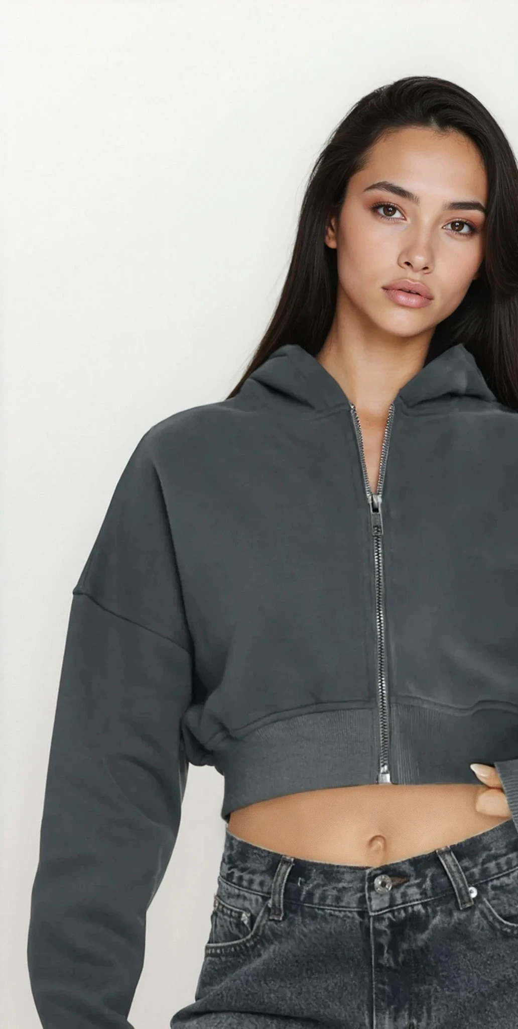 Light gray Downtown Full Zip Cropped Hoodie by Trendsi, featuring a front zipper and casual cropped style, displayed on a mannequin.