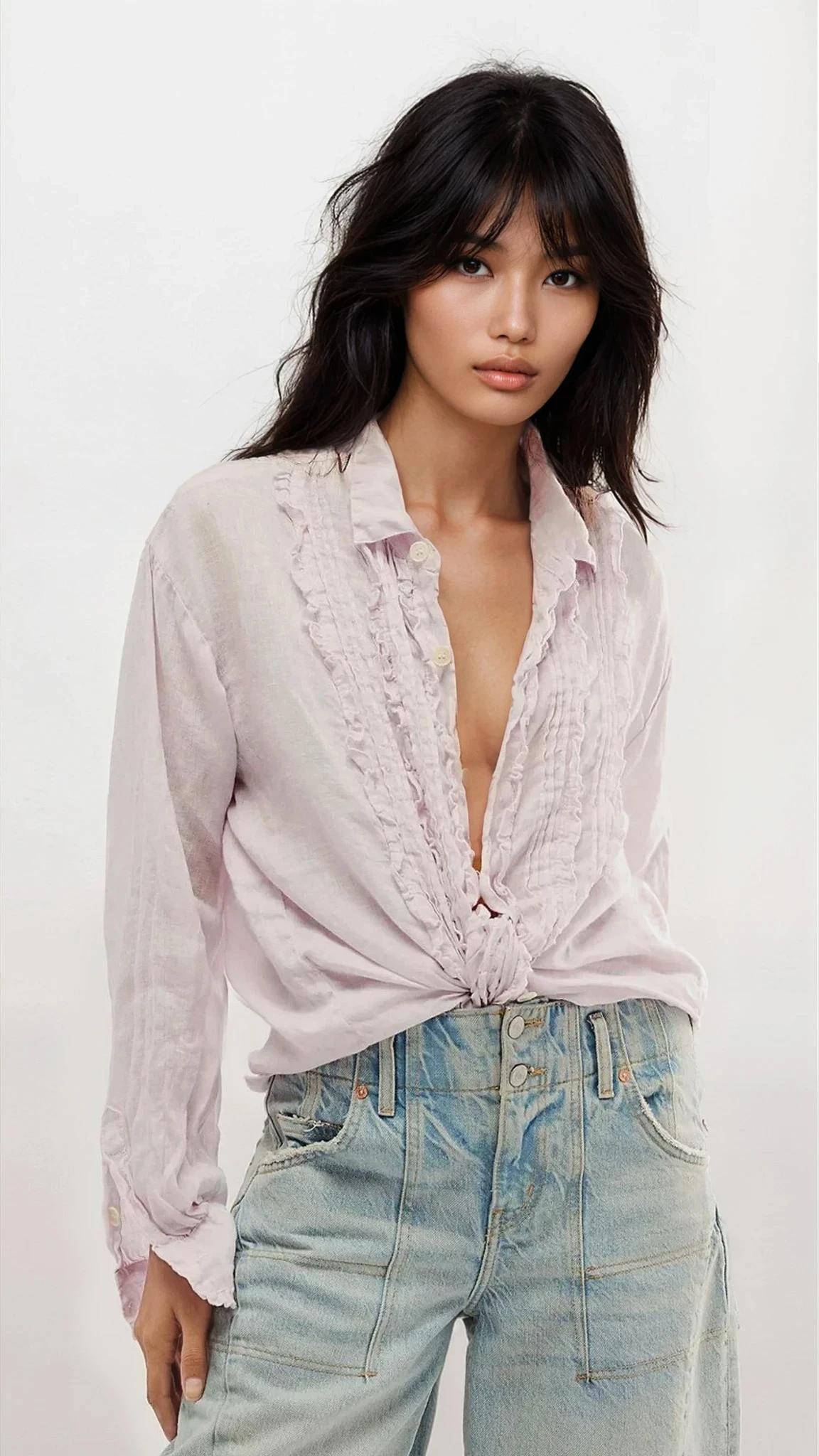 Frill Ruched Collared Neck Long Sleeve