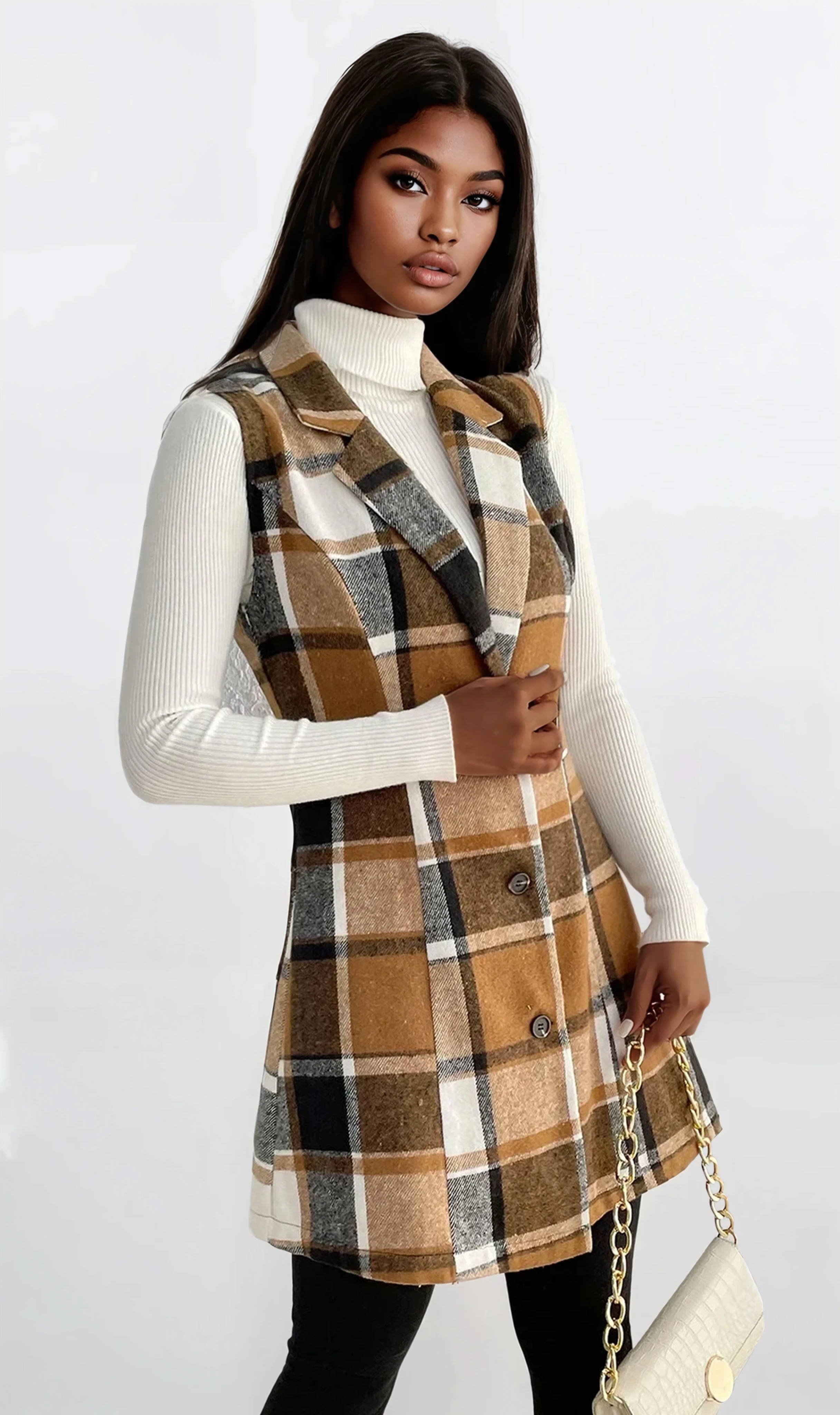 Cinnamon Plaid Lapel Collar Vest