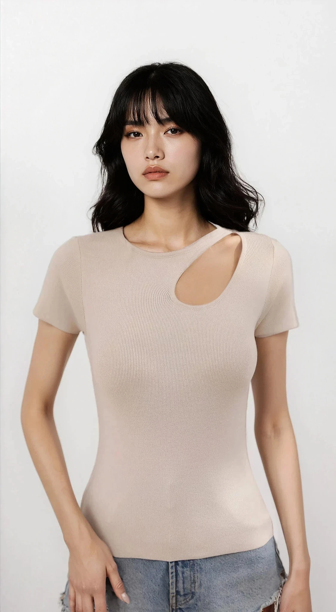 Light beige Luxe Cutout Round Neck Short Sleeve Knit Top by Trendsi, featuring a stylish cutout design and a classic round neckline.