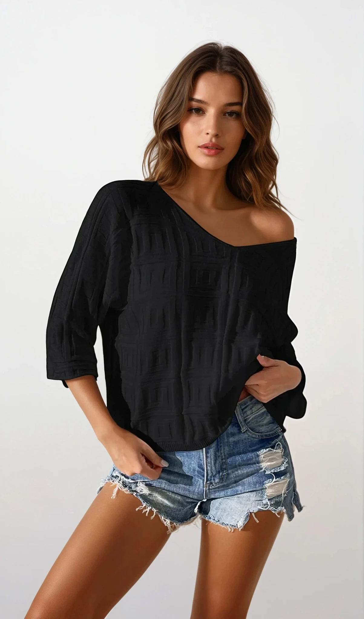 Light gray Maze V-Neck three-quarter sleeve knit top by Trendsi, shown on a model, featuring a relaxed fit and lightweight fabric.