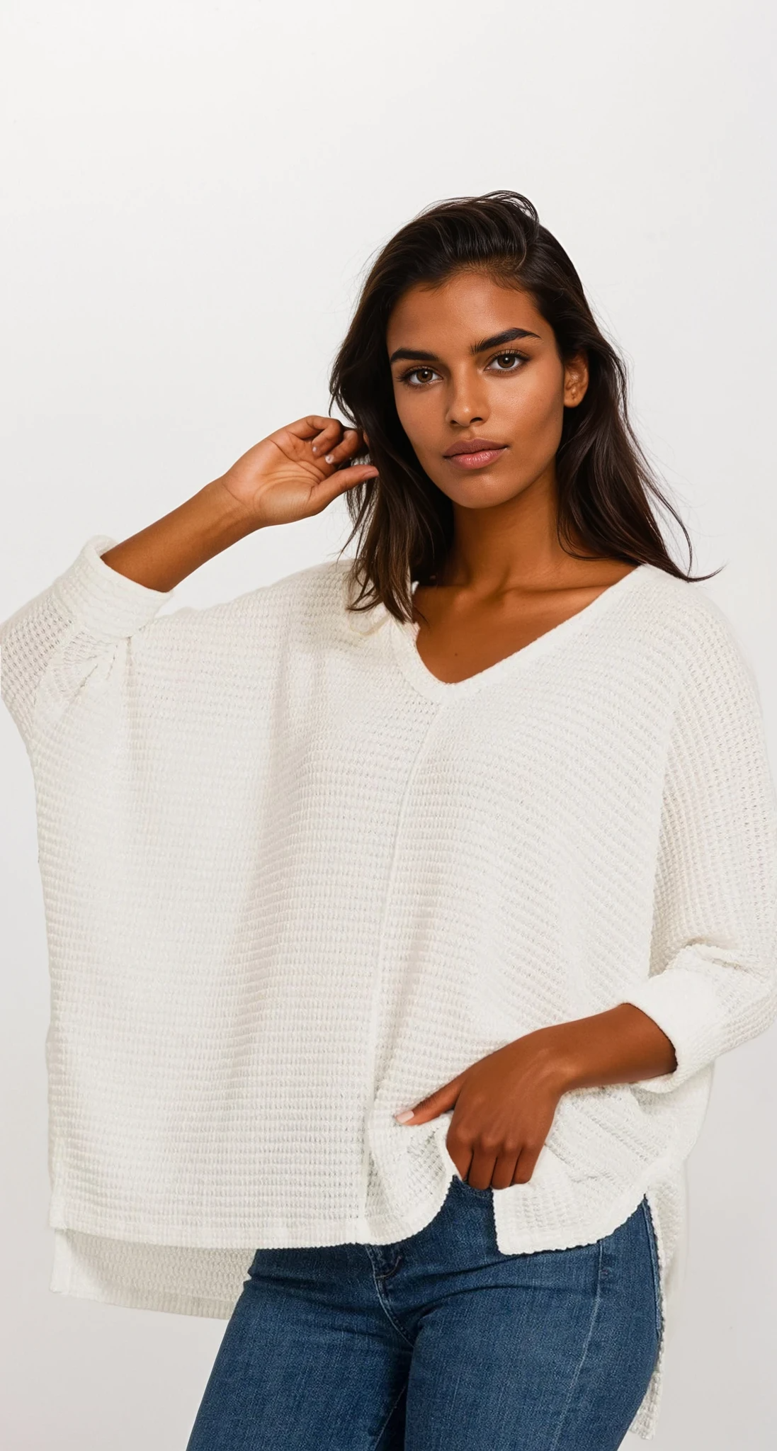 Cozy V-Neck Waffle-Knit Long Sleeve Top