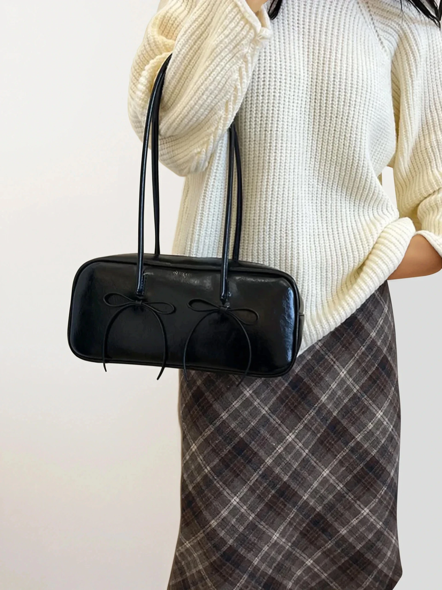 Leather Bow Trim Shoulder Bag