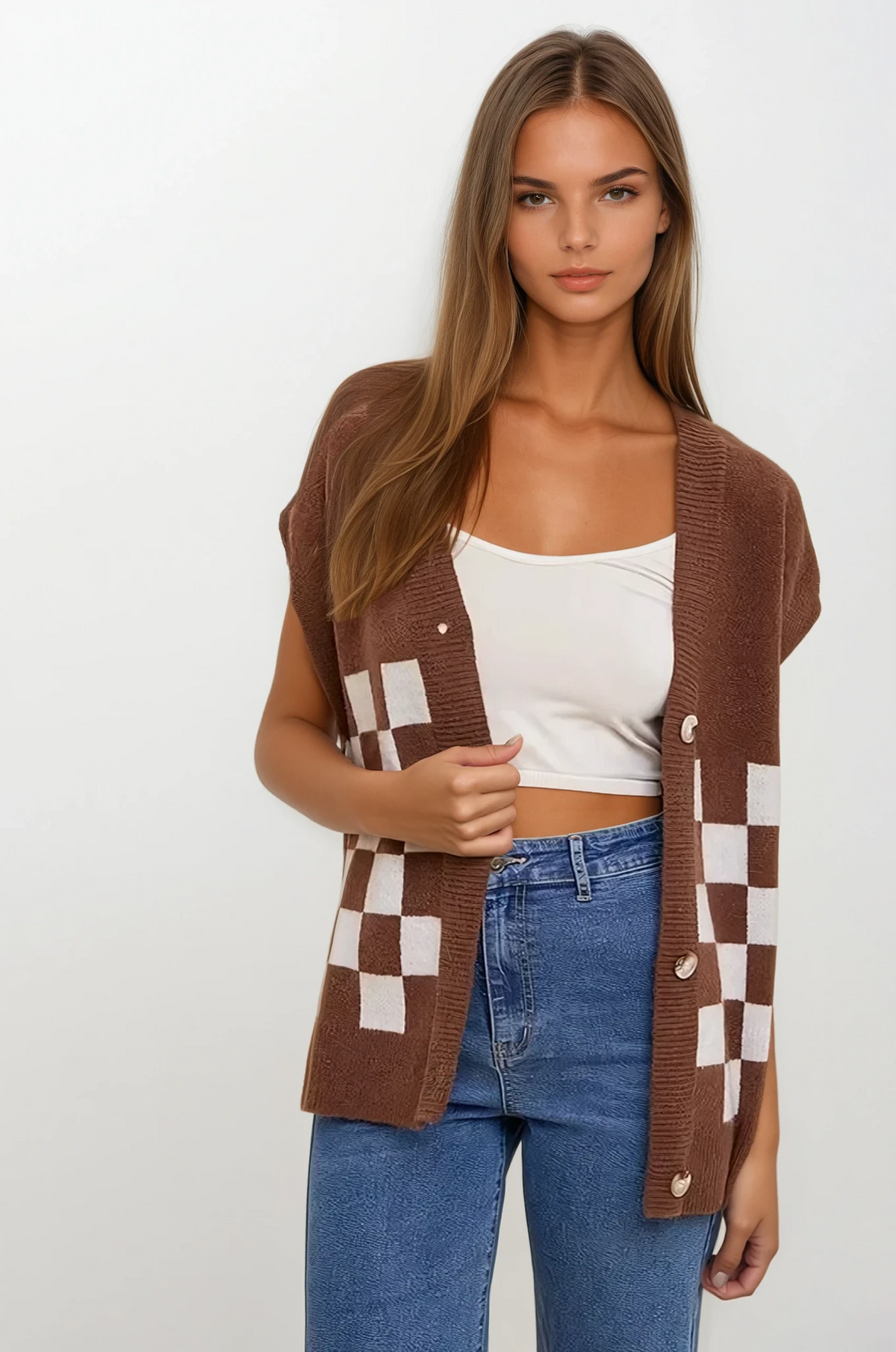 Checkered short sleeve button-down cardigan with ribbed texture