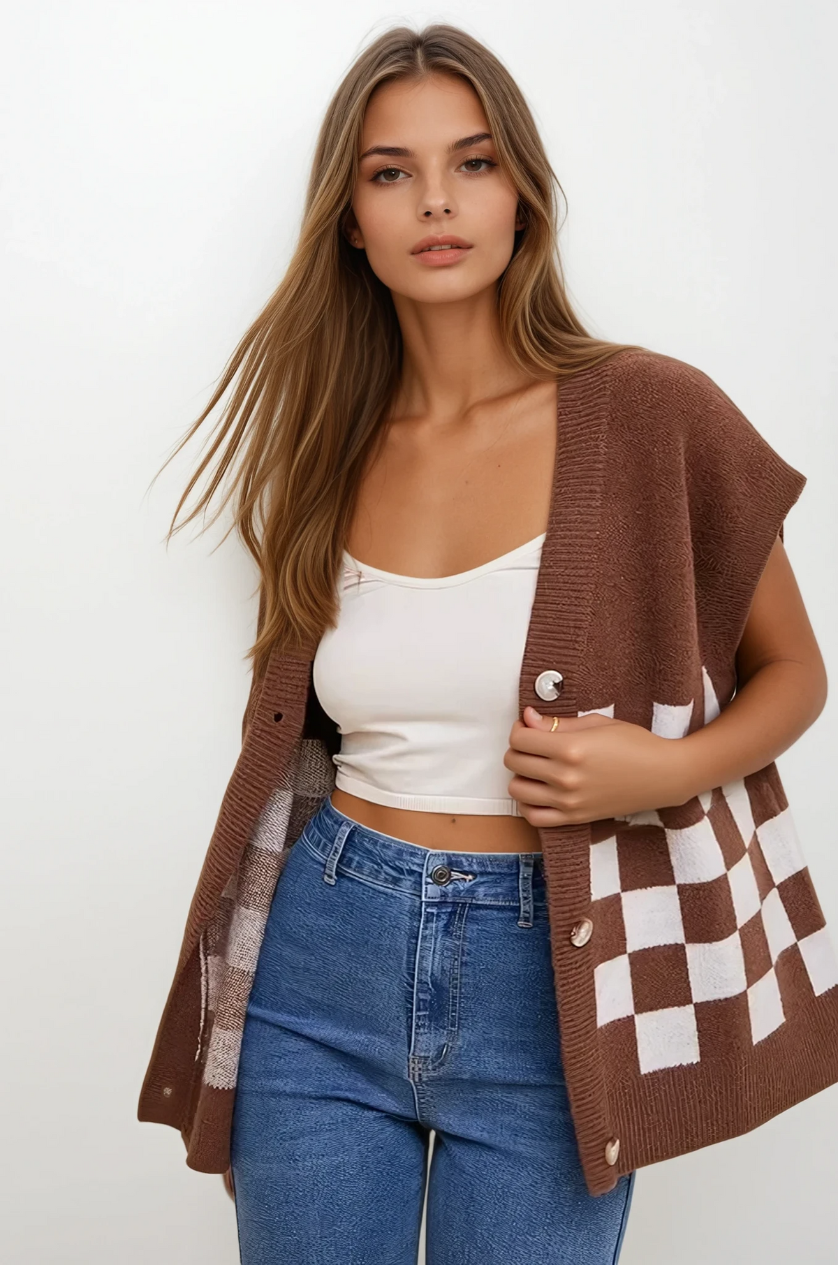 Checkered short sleeve button-down cardigan with ribbed texture