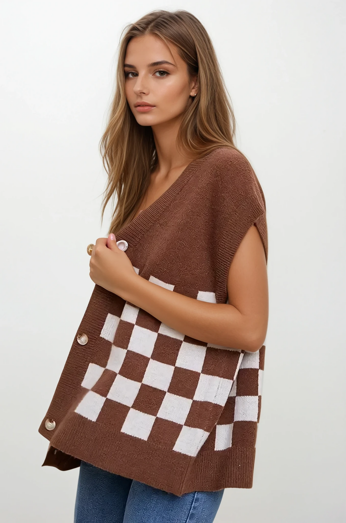 Checkered button-down short sleeve cardigan with ribbed texture