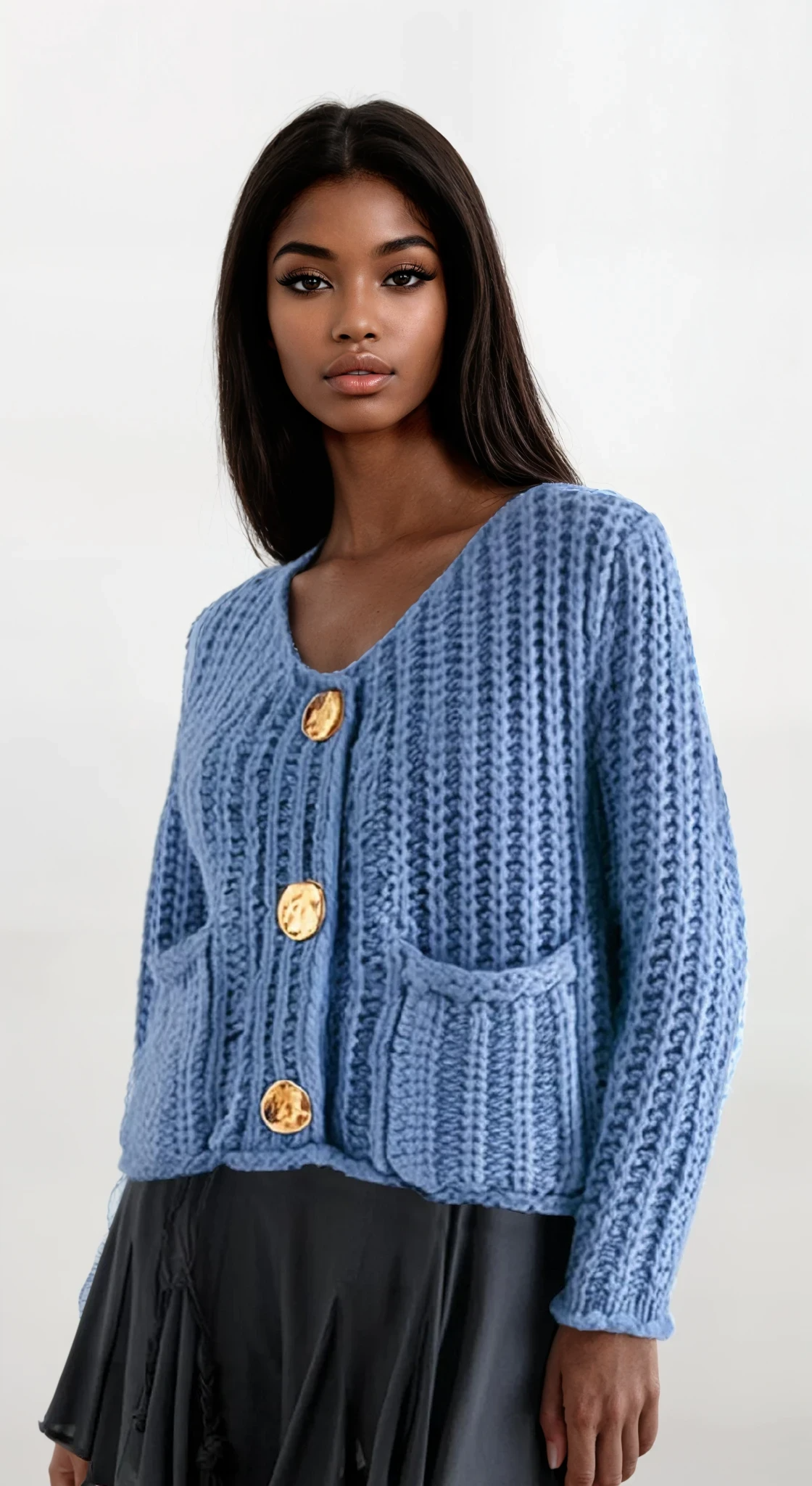 Chunky button-down long sleeve cardigan with buttoned front and solid pattern