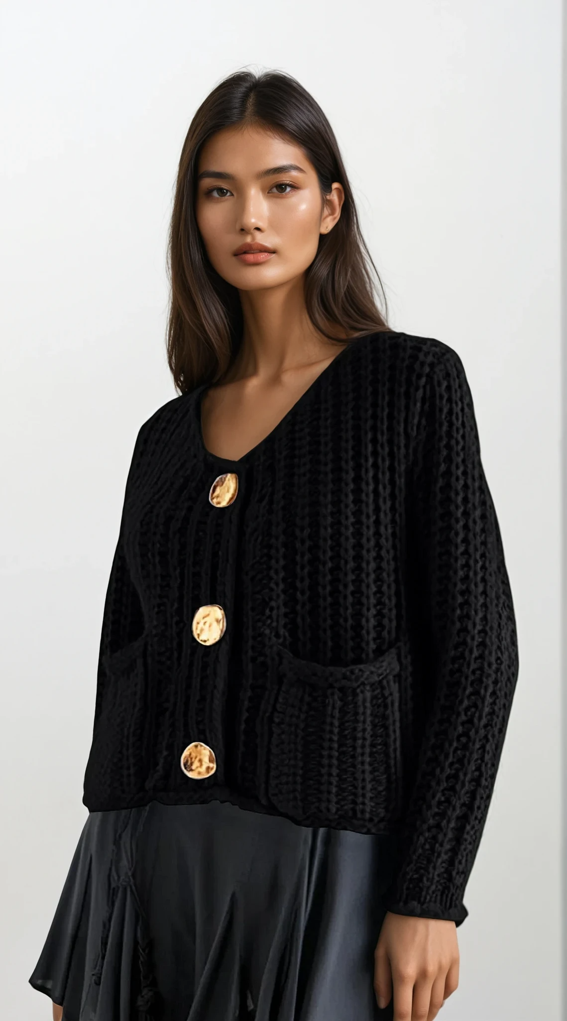 chunky button-down long sleeve cardigan with buttoned front