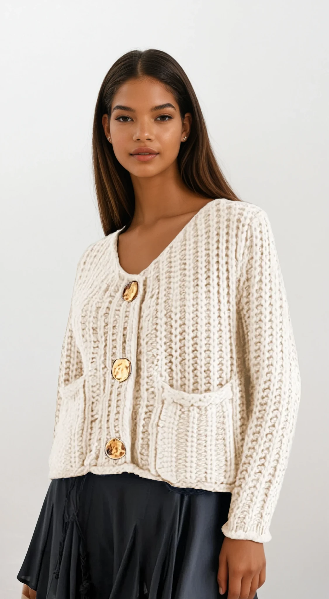 Chunky button-down long sleeve cardigan with buttoned front and solid pattern