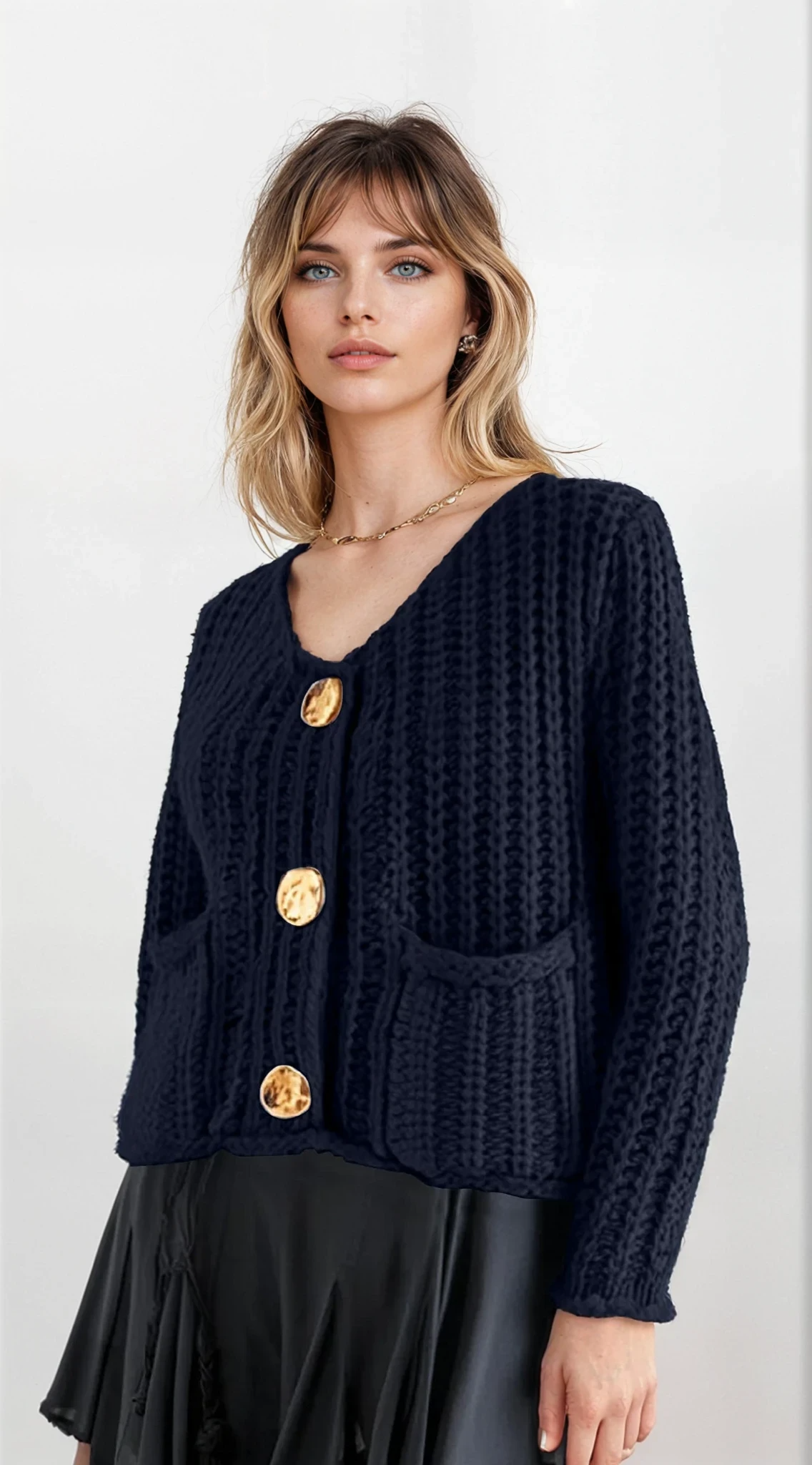 chunky button-down long sleeve cardigan with front buttons and solid pattern
