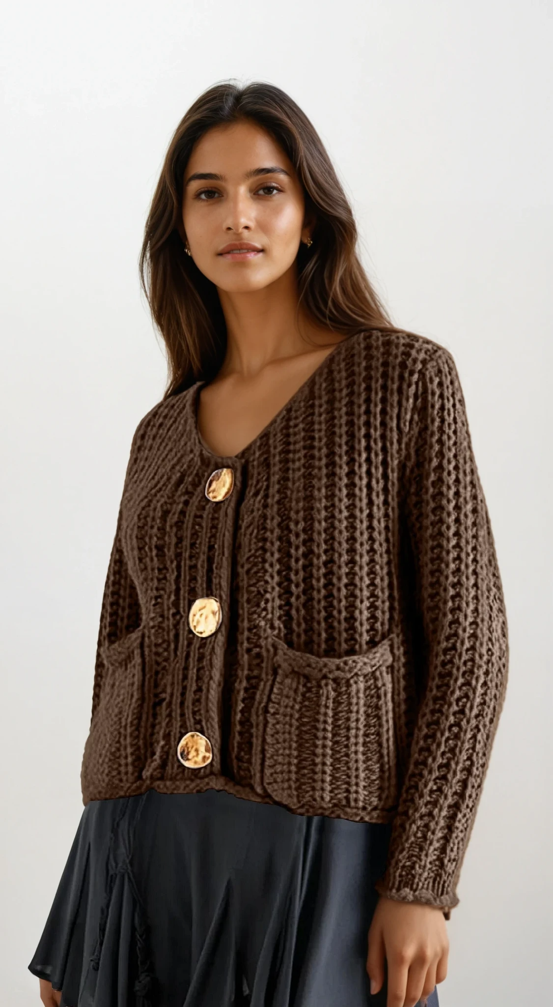 chunky button-down long sleeve cardigan with buttoned front and solid pattern