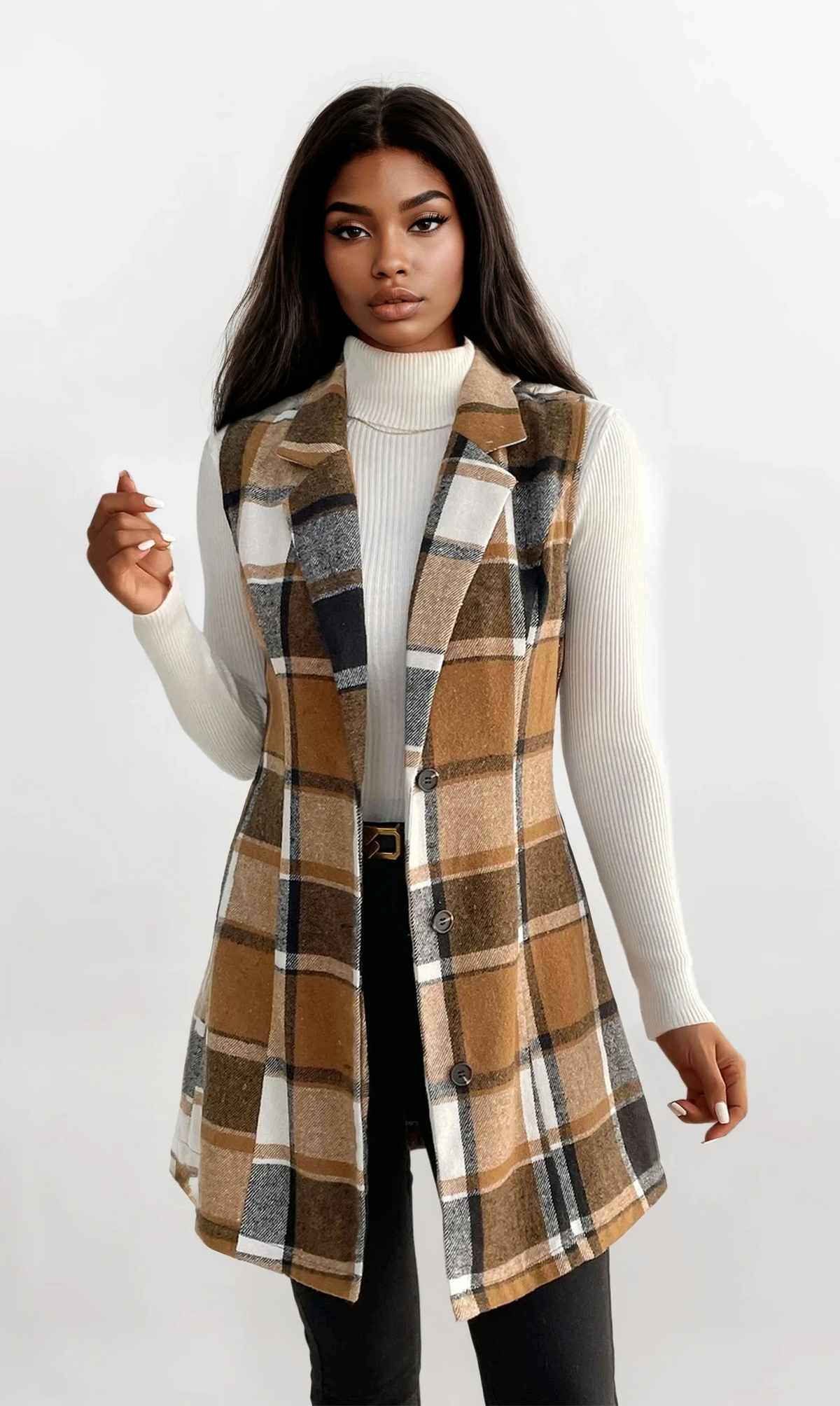 Cinnamon plaid lapel collar vest with sleeveless design and structured fit