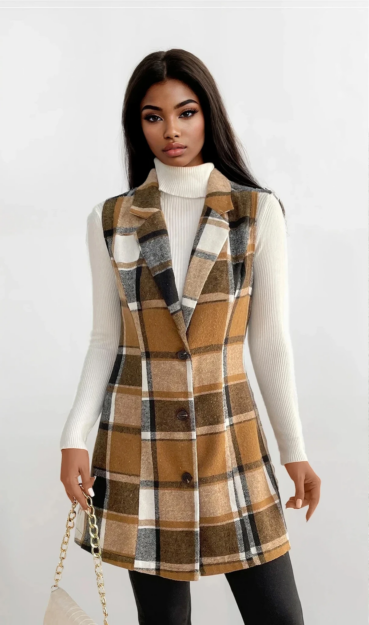 Cinnamon plaid sleeveless vest with lapel collar and structured fit