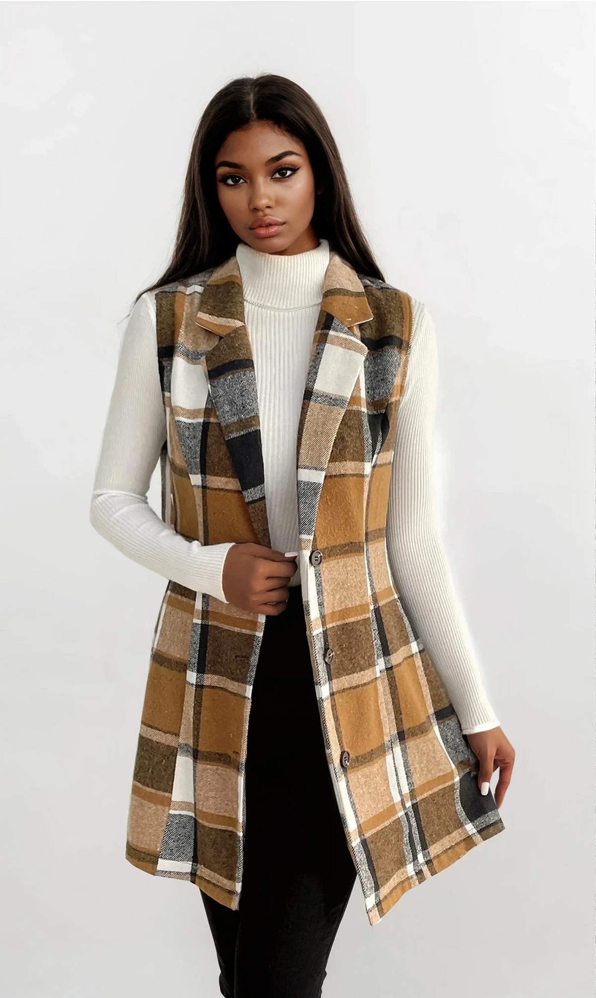 Cinnamon plaid lapel collar vest with sleeveless design and structured fit