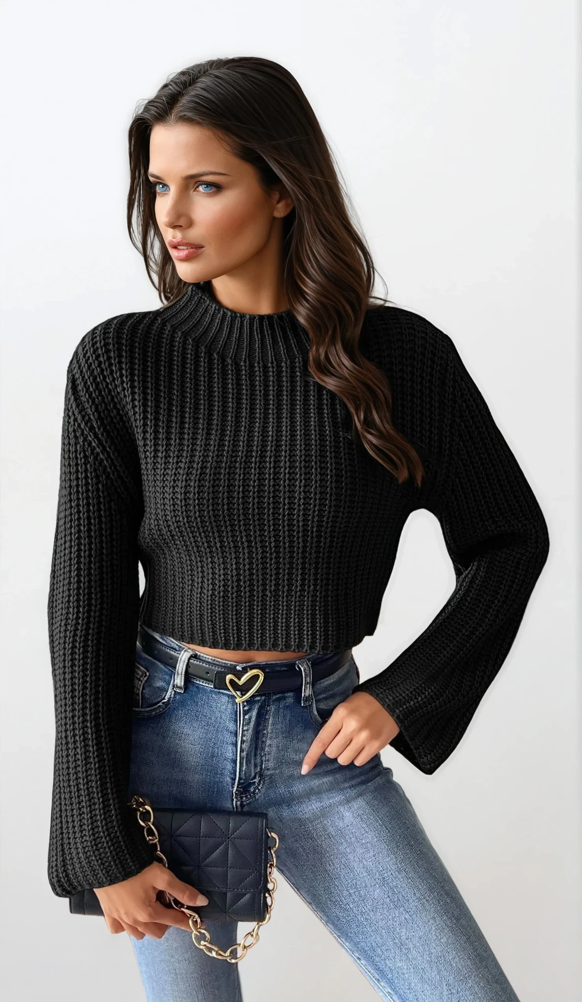Crisp mock neck rib-knit cropped long sleeve sweater in solid color