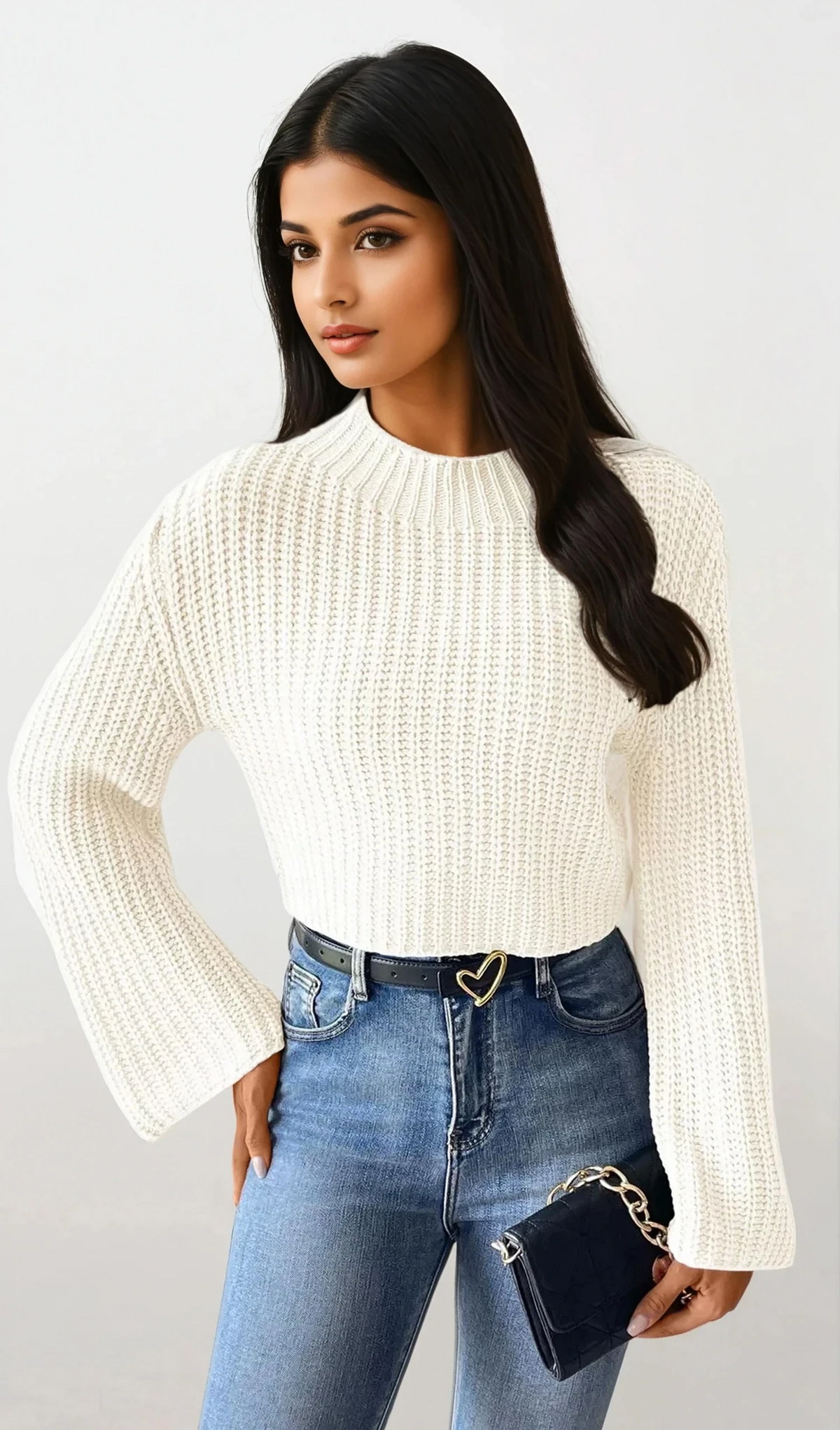 Crisp mock neck rib-knit cropped long sleeve sweater
