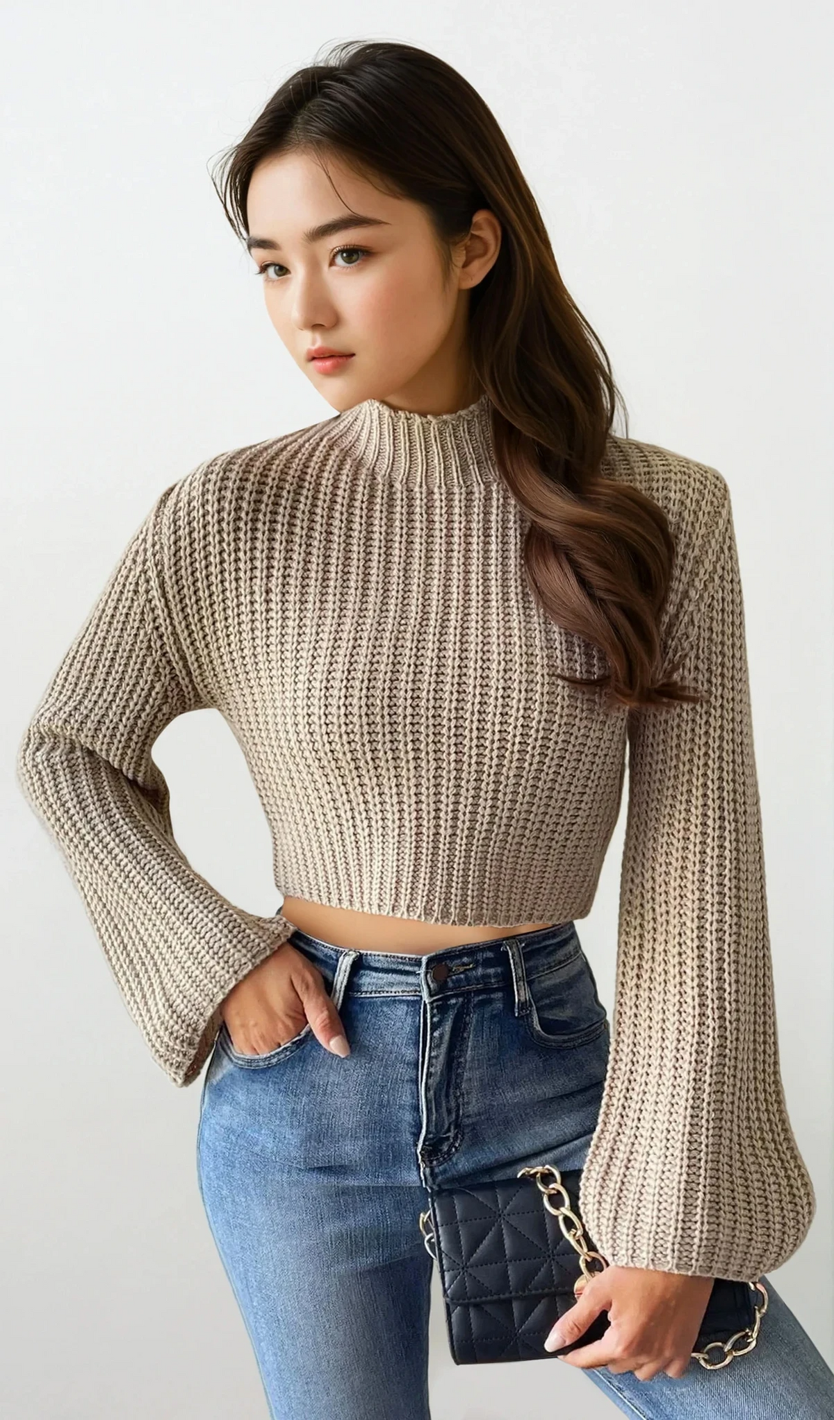 Crisp mock neck rib-knit cropped long sleeve sweater in solid color