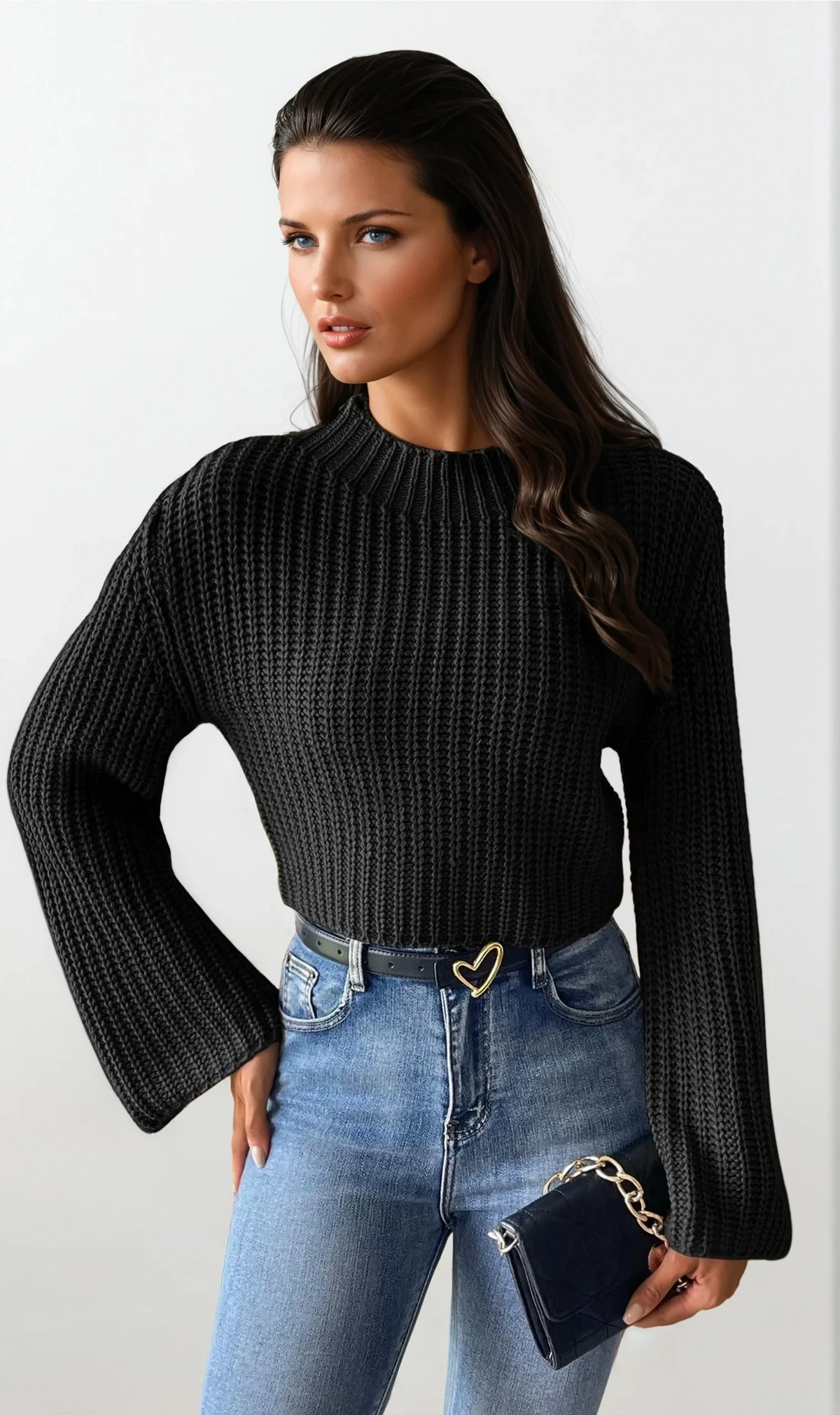 Crisp mock neck rib-knit cropped long sleeve sweater