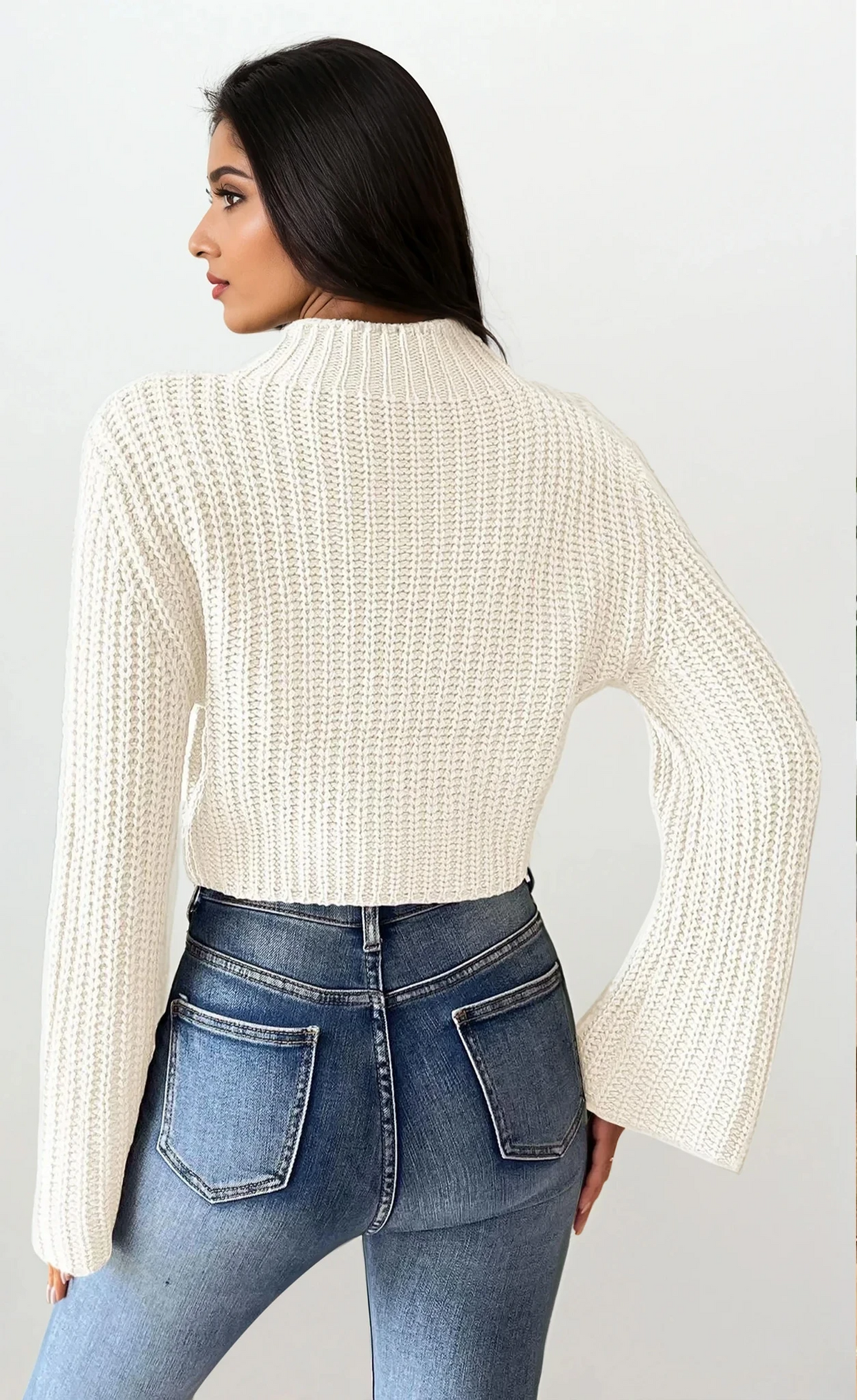 Crisp mock neck rib-knit cropped long sleeve sweater