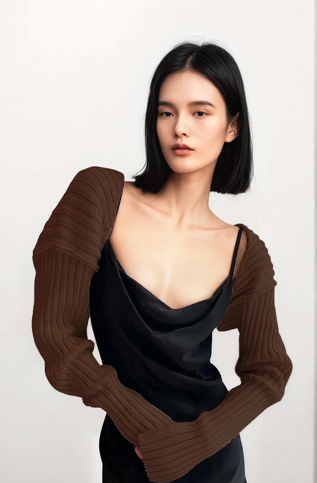 Cropped rib-knit long sleeve bolero cardigan in solid pattern