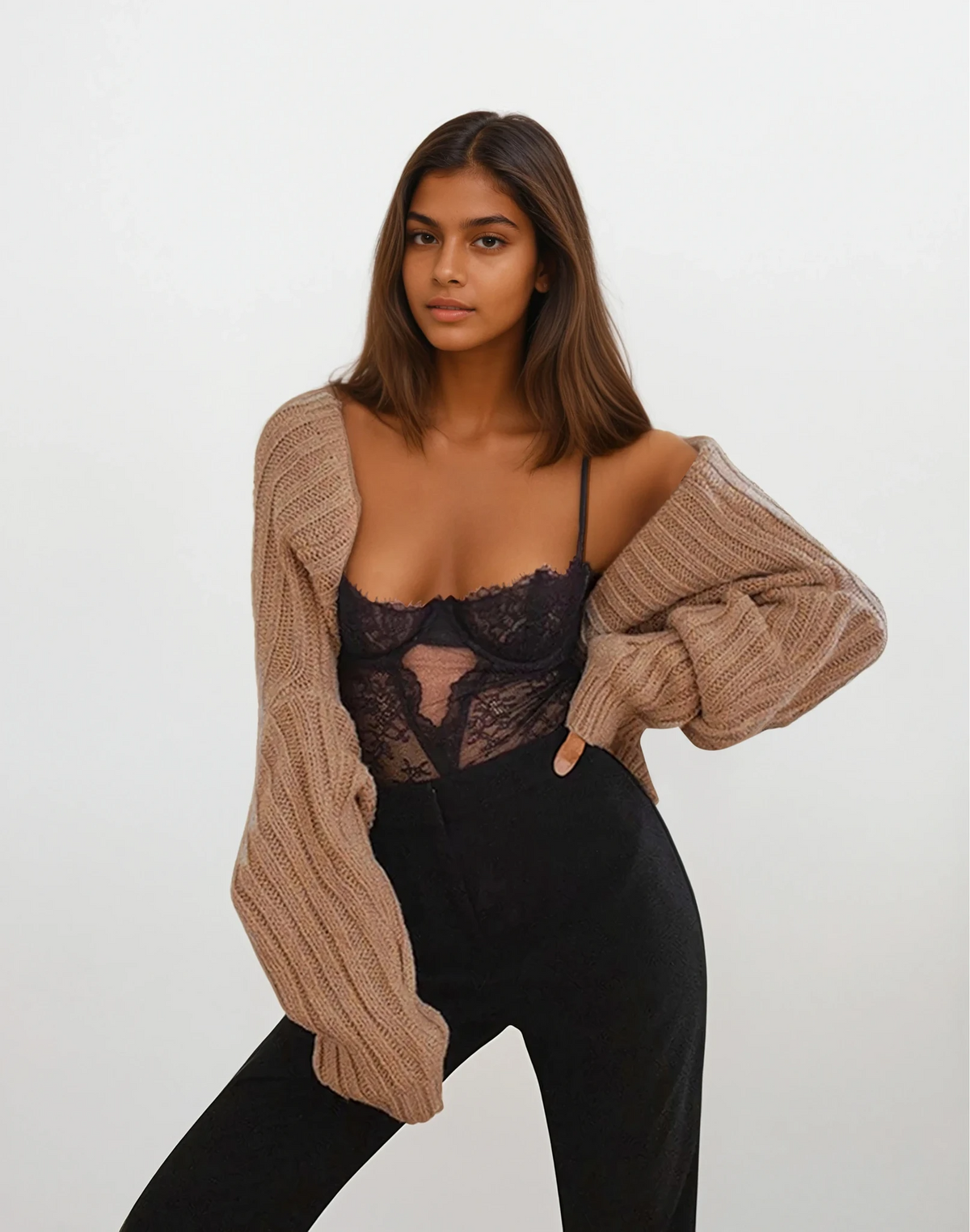 Cropped rib-knit long sleeve bolero cardigan in solid pattern