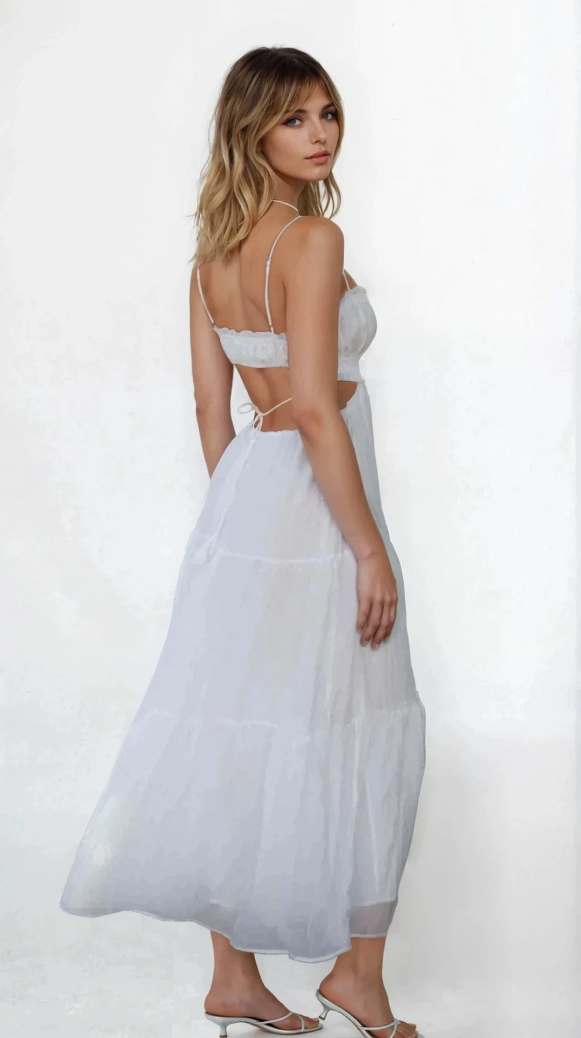 Elegant cutout square neck ruched cami midi dress