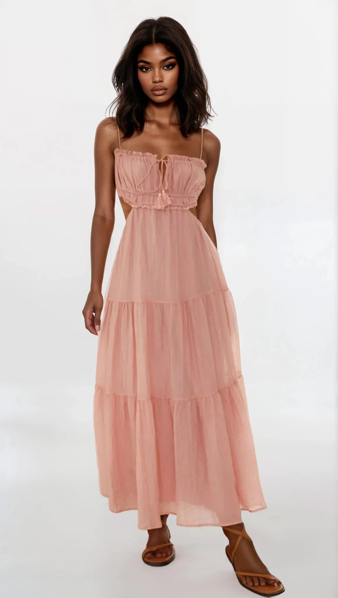 Cutout square neck ruched cami midi dress in solid color