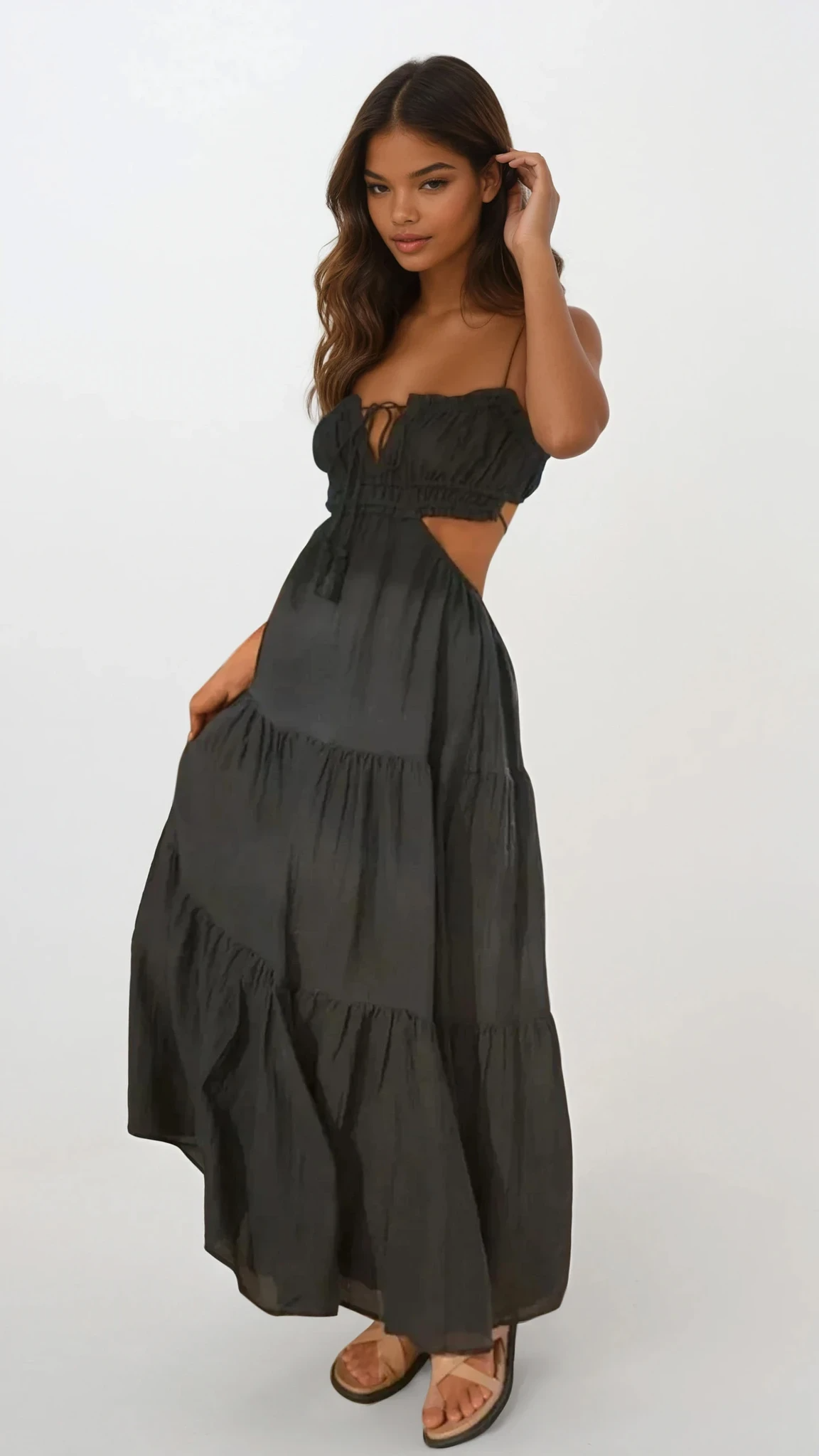 Cutout square neck ruched cami midi dress in solid color