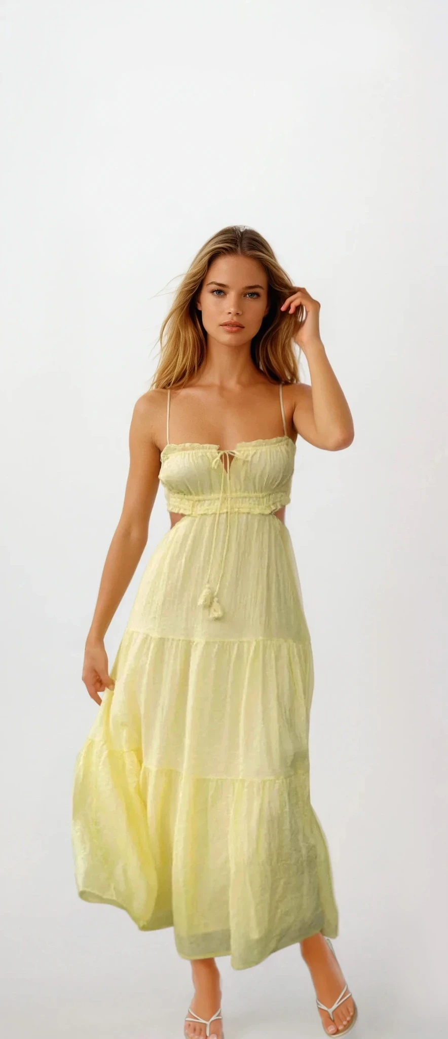 Cutout square neck ruched cami midi dress in solid color