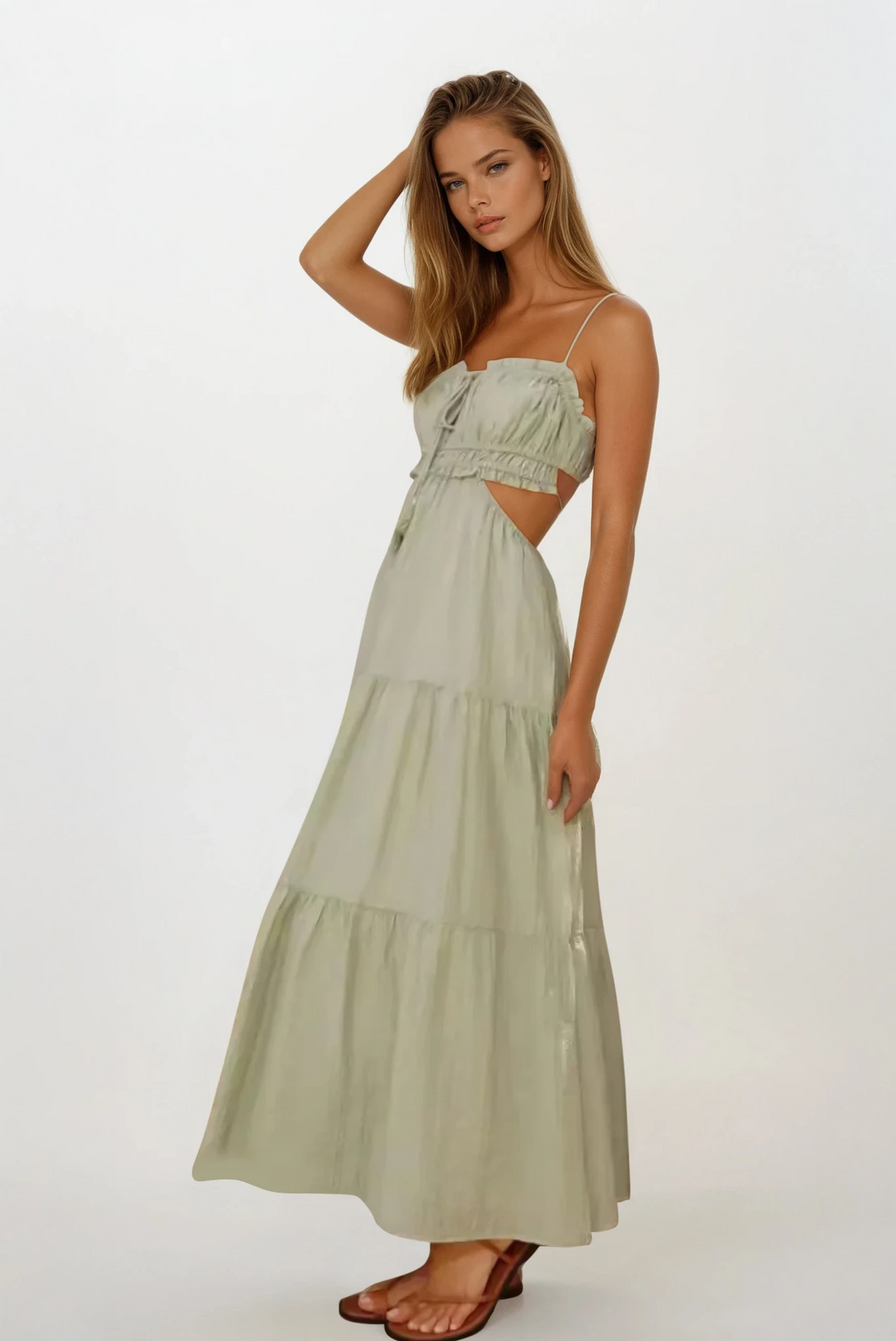 Cutout square neck ruched cami midi dress in solid color