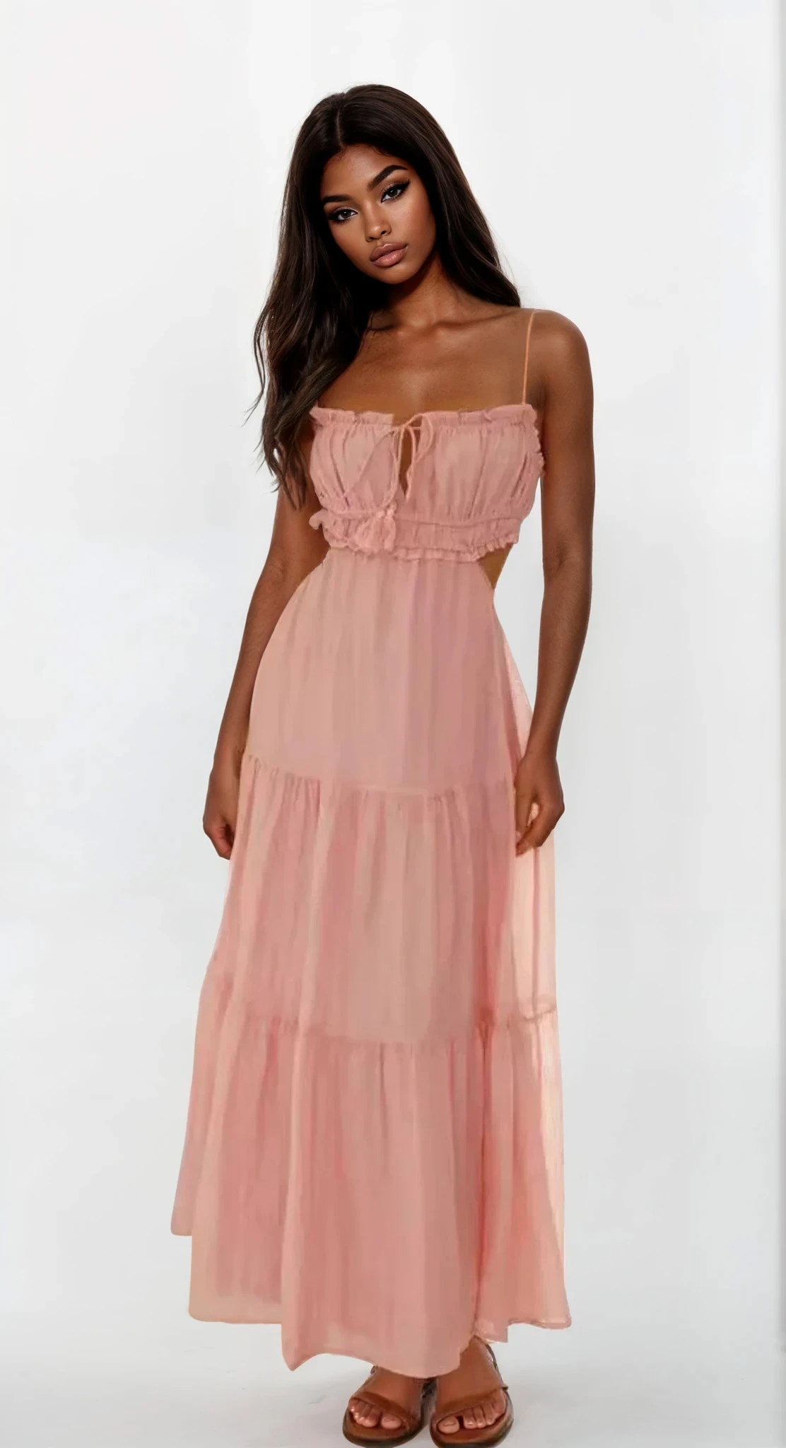 Cutout square neck ruched cami midi dress in solid color