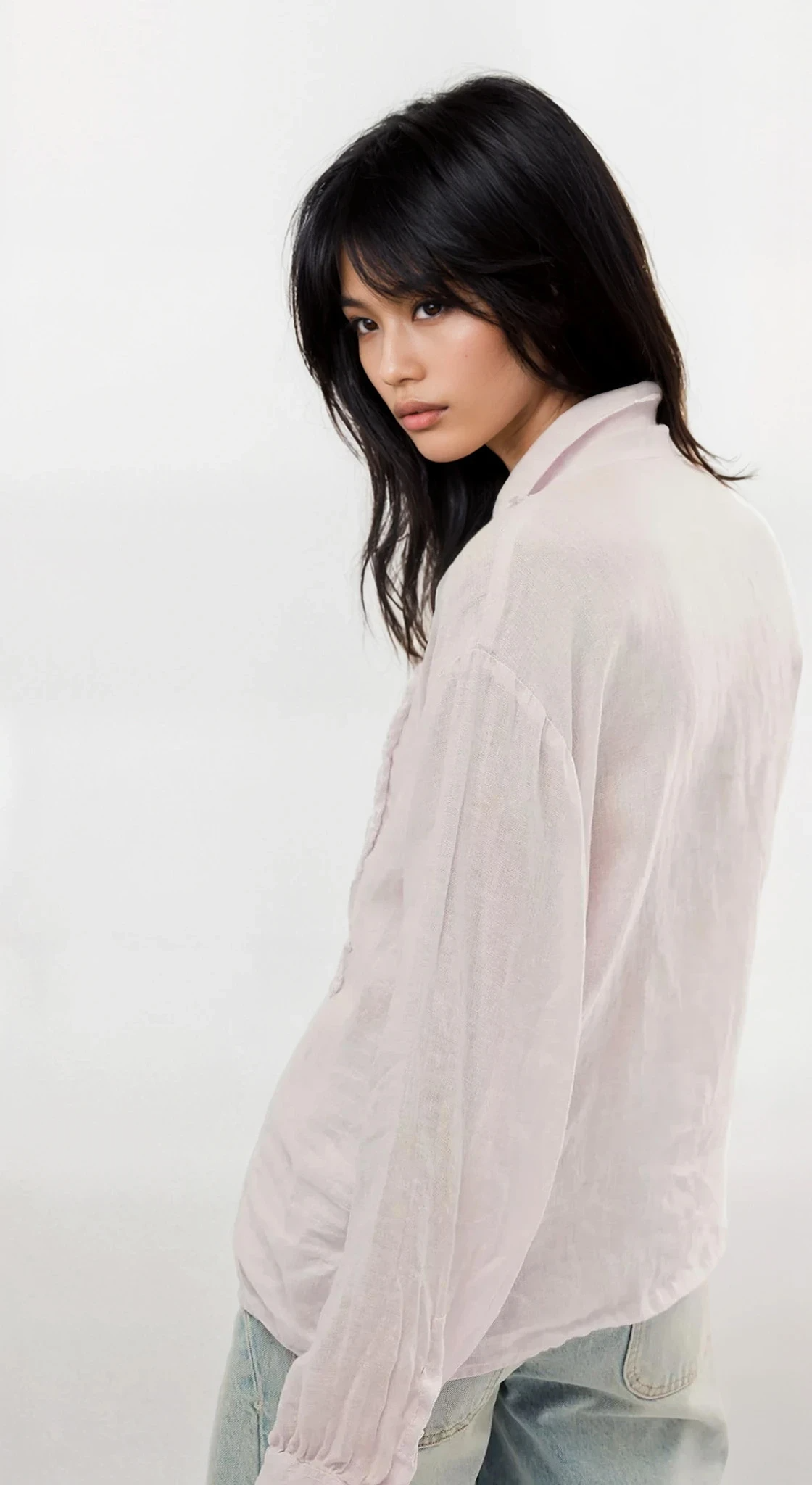 Frill Ruched Collared Neck Long Sleeve