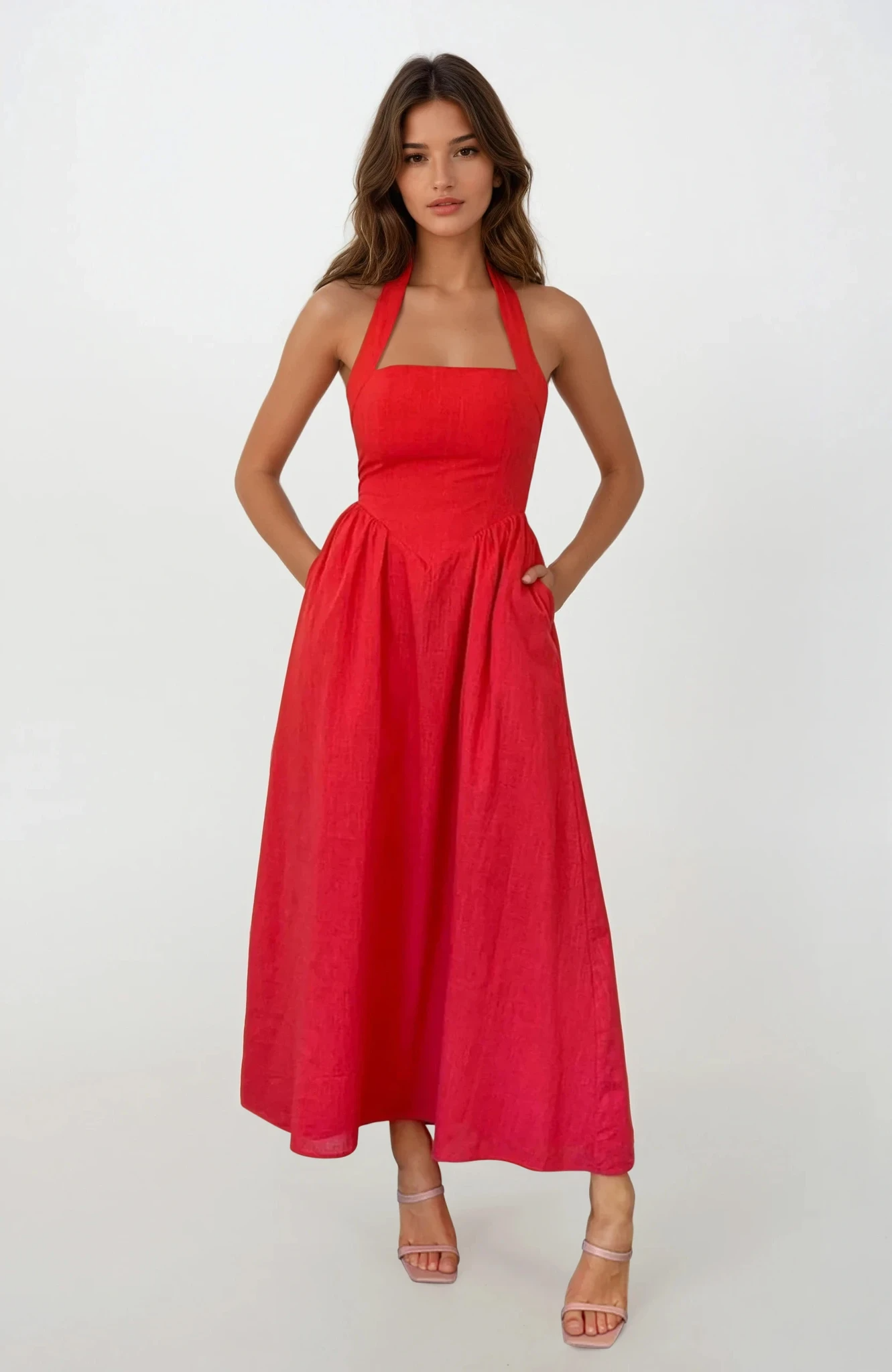 Ruched Halter Neck Midi Dress