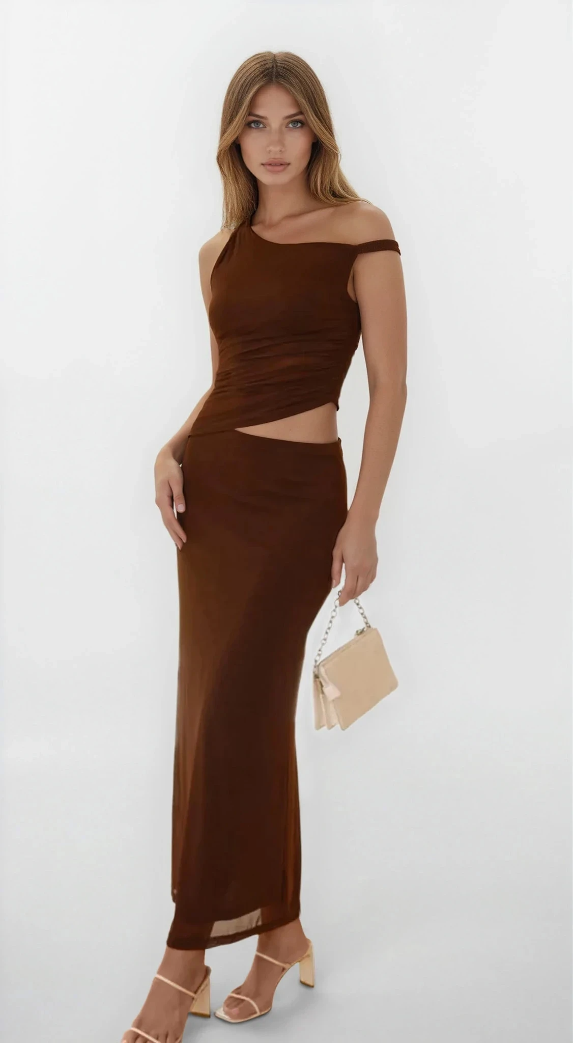 Light gray Echelon asymmetrical cutout sleeveless dress from Trendsi featuring a modern, stylish design with a fitted silhouette.