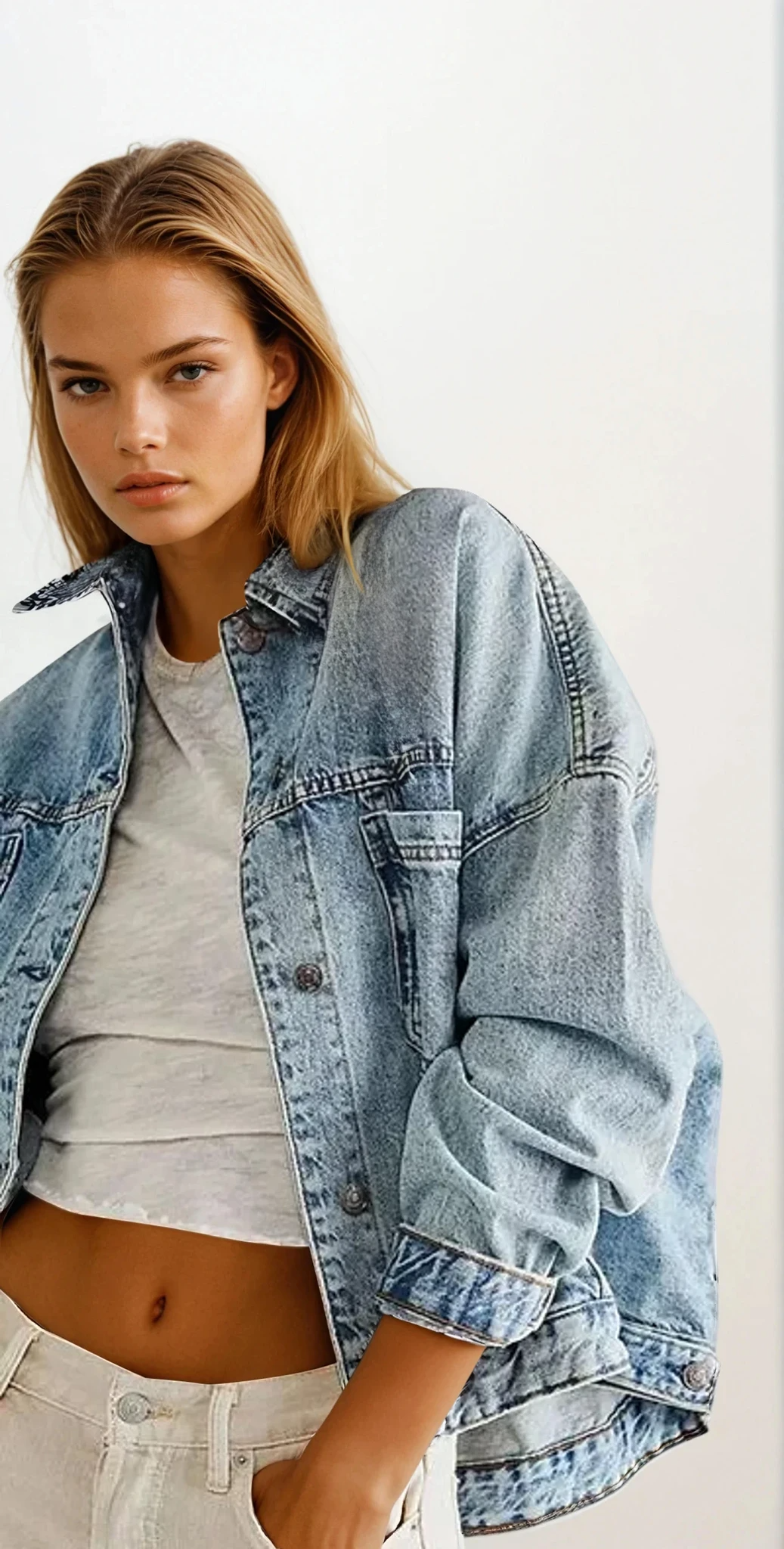 Daily button-up denim jacket with pockets and long sleeves