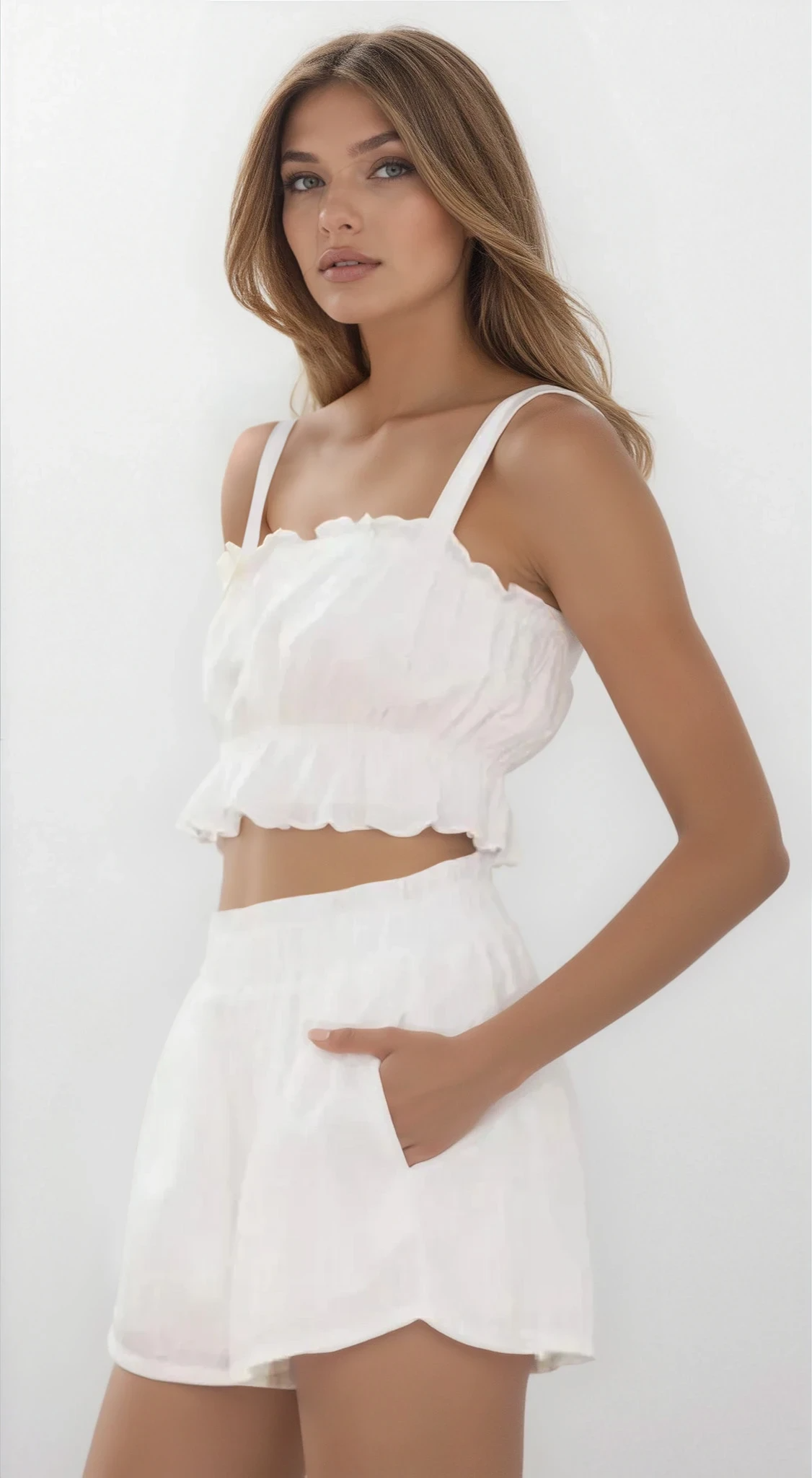 Ines Ruffle Square Neck Cami and Shorts set by Trendsi, featuring a stylish ruffle top and matching shorts, light fabric, casual wear.