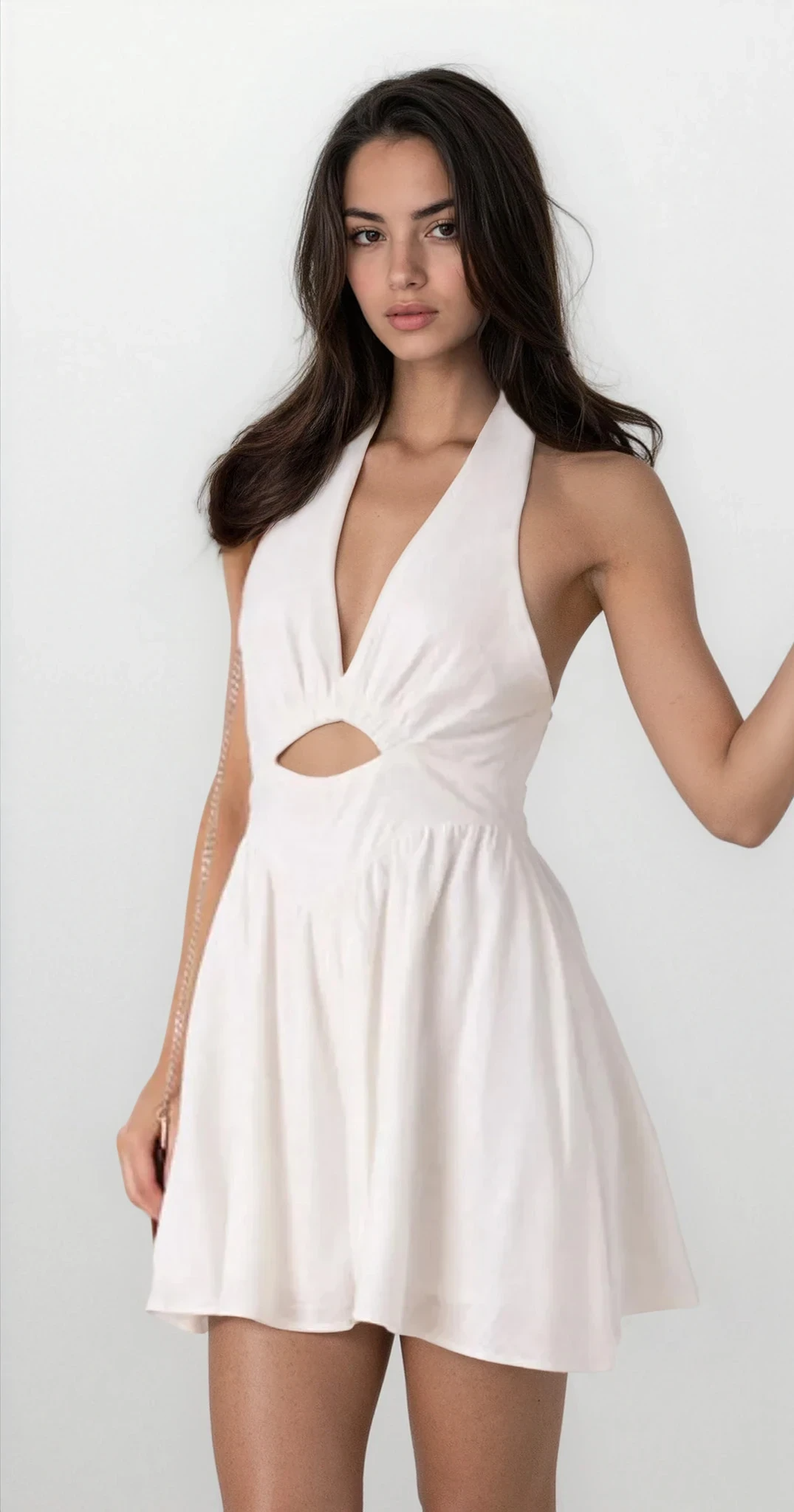 Lumina cutout halter neck mini dress by Trendsi, featuring a stylish design with cutout details and a halter neckline.