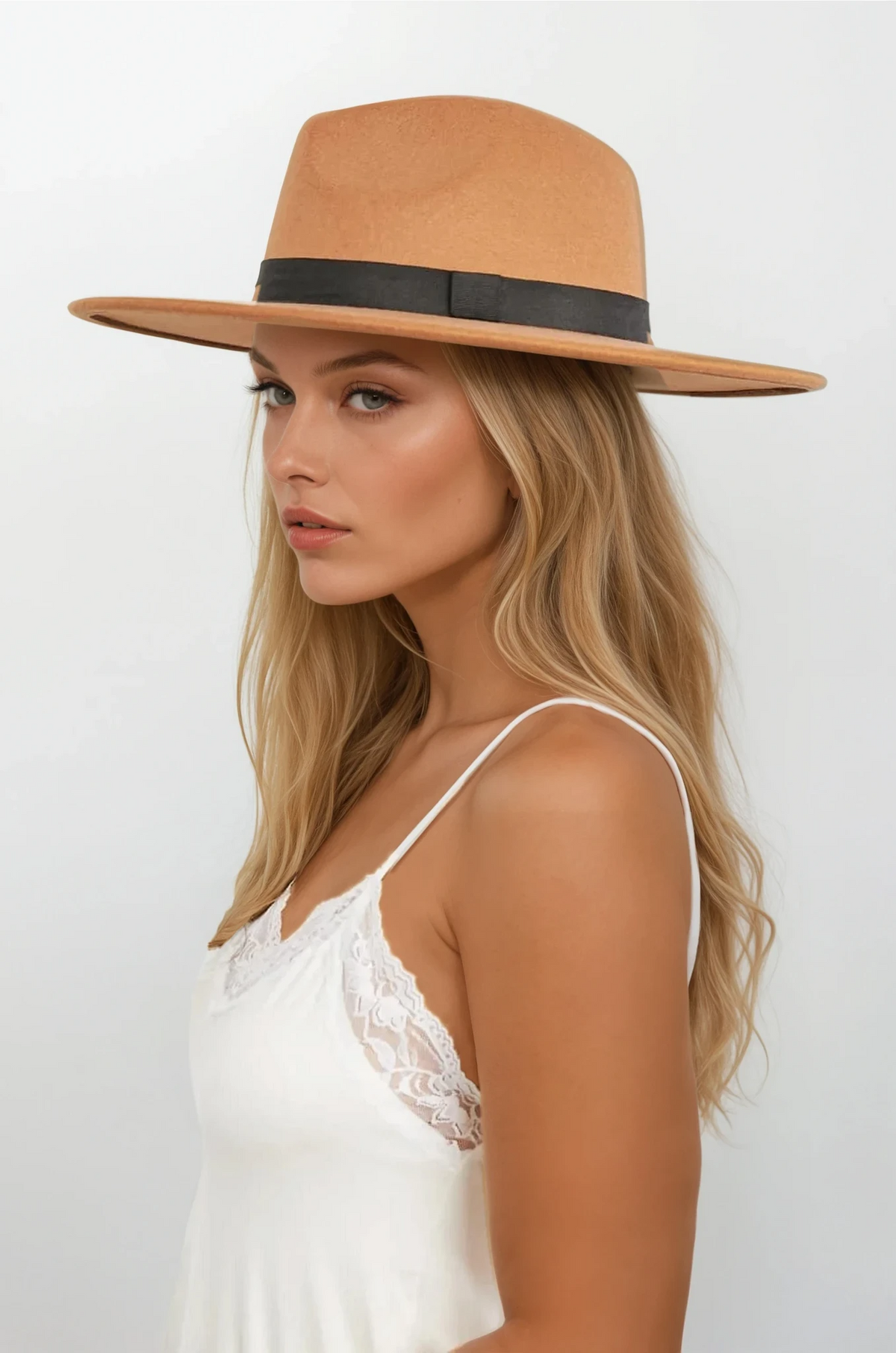 Khaki deluxe ribbon fedora hat with 3-inch brim and black band