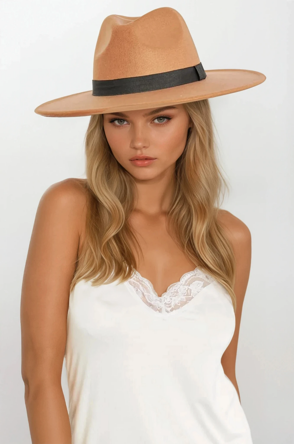 Khaki deluxe ribbon fedora hat with 3-inch brim and black band